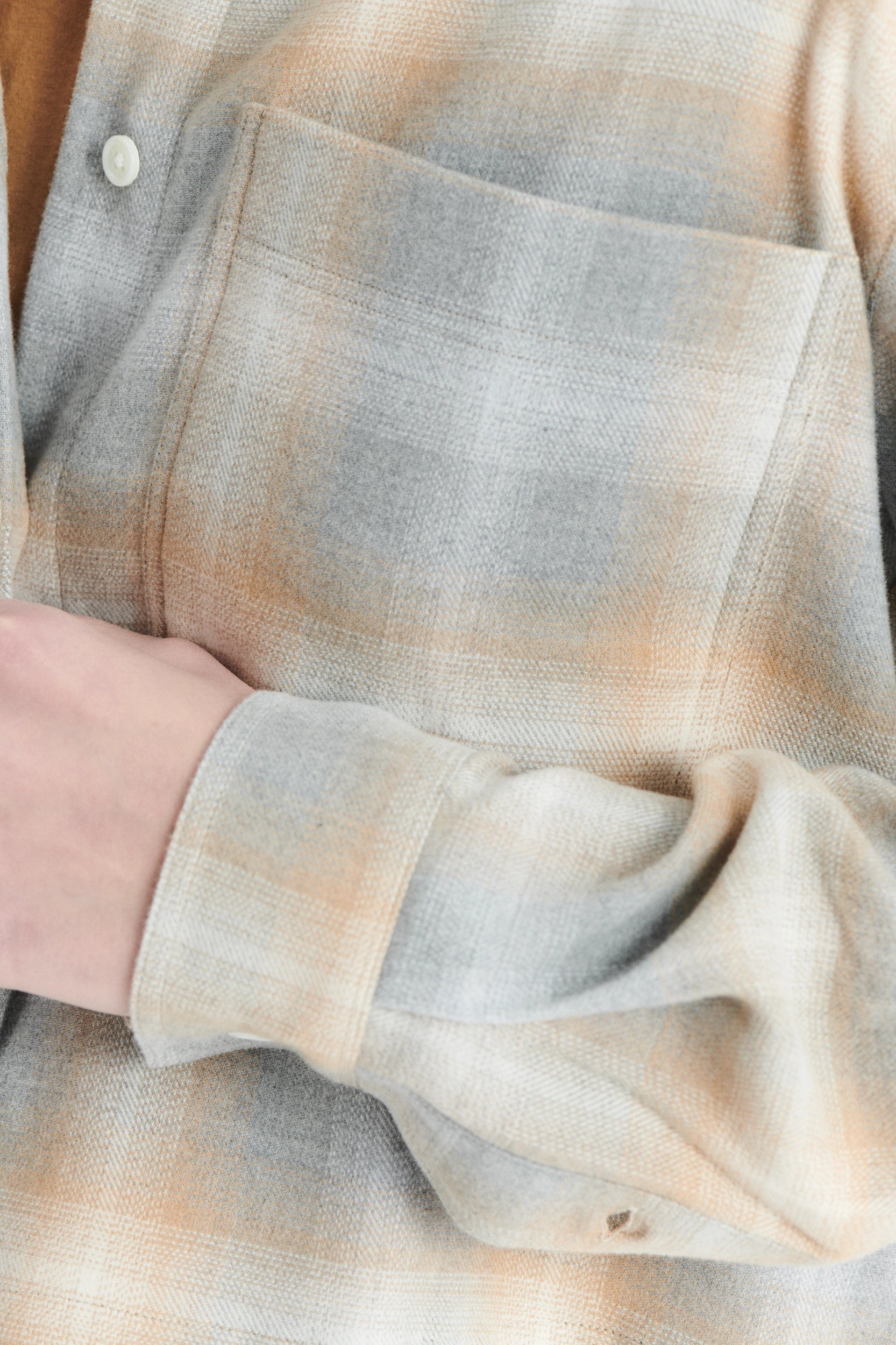 Cropped Shirt in a Soft Tonal Beige and Grey Chequered Italian Cotton Flannel