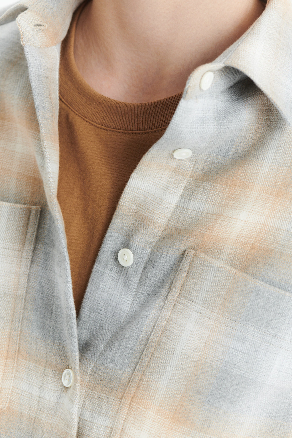 Cropped Shirt in a Soft Tonal Beige and Grey Chequered Italian Cotton Flannel