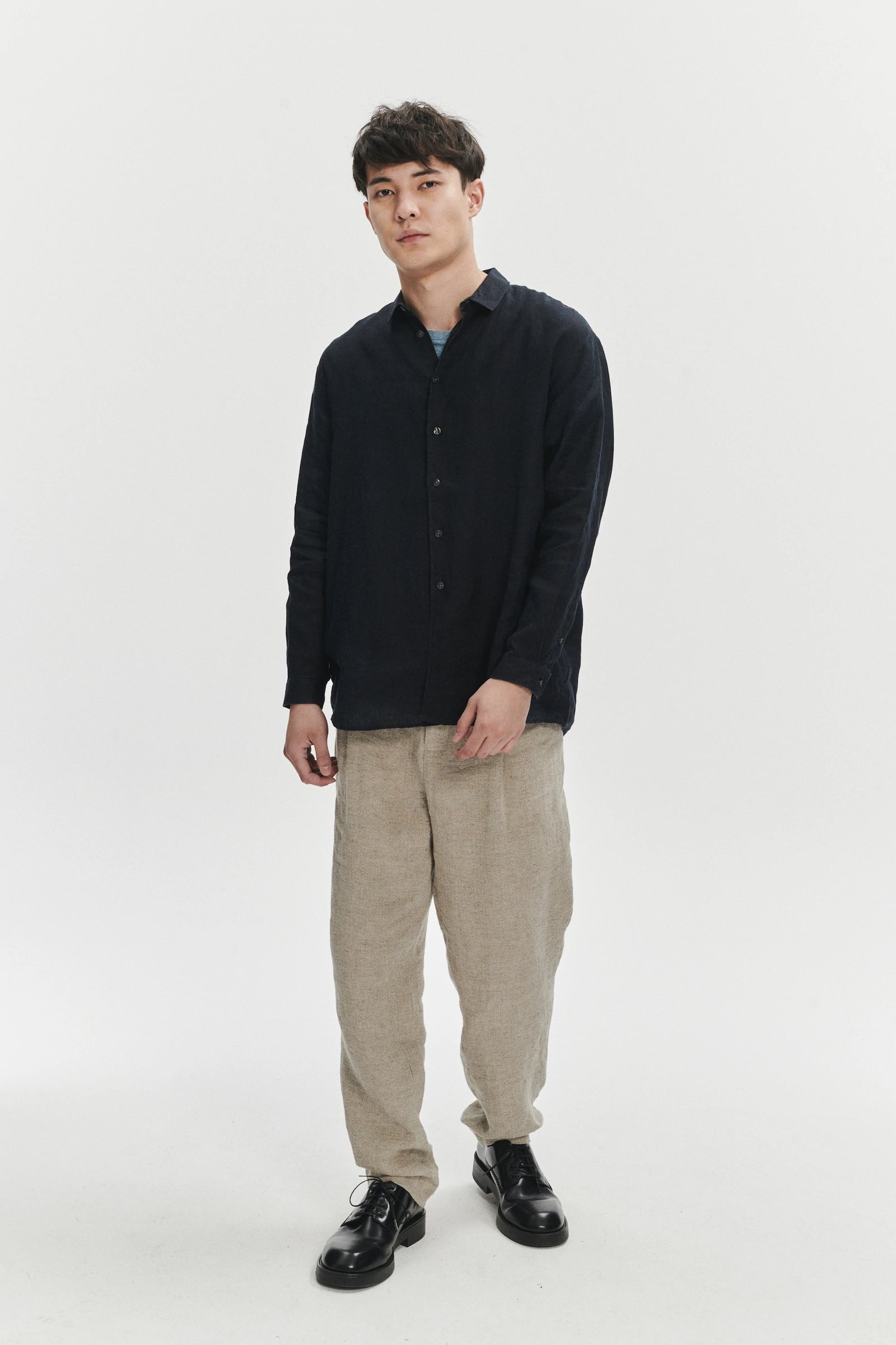 Long Sleeve Oversized Boxy Shirt in a Navy Blue and Turquoise Double Sided Pure Italian Linen