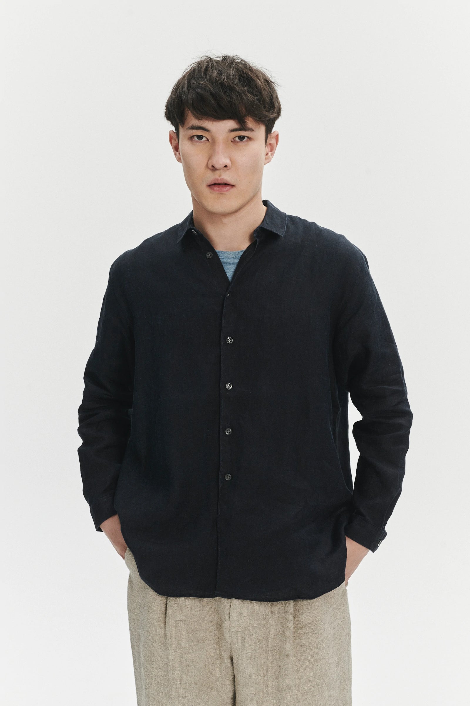 Long Sleeve Oversized Boxy Shirt in a Navy Blue and Turquoise Double Sided Pure Italian Linen