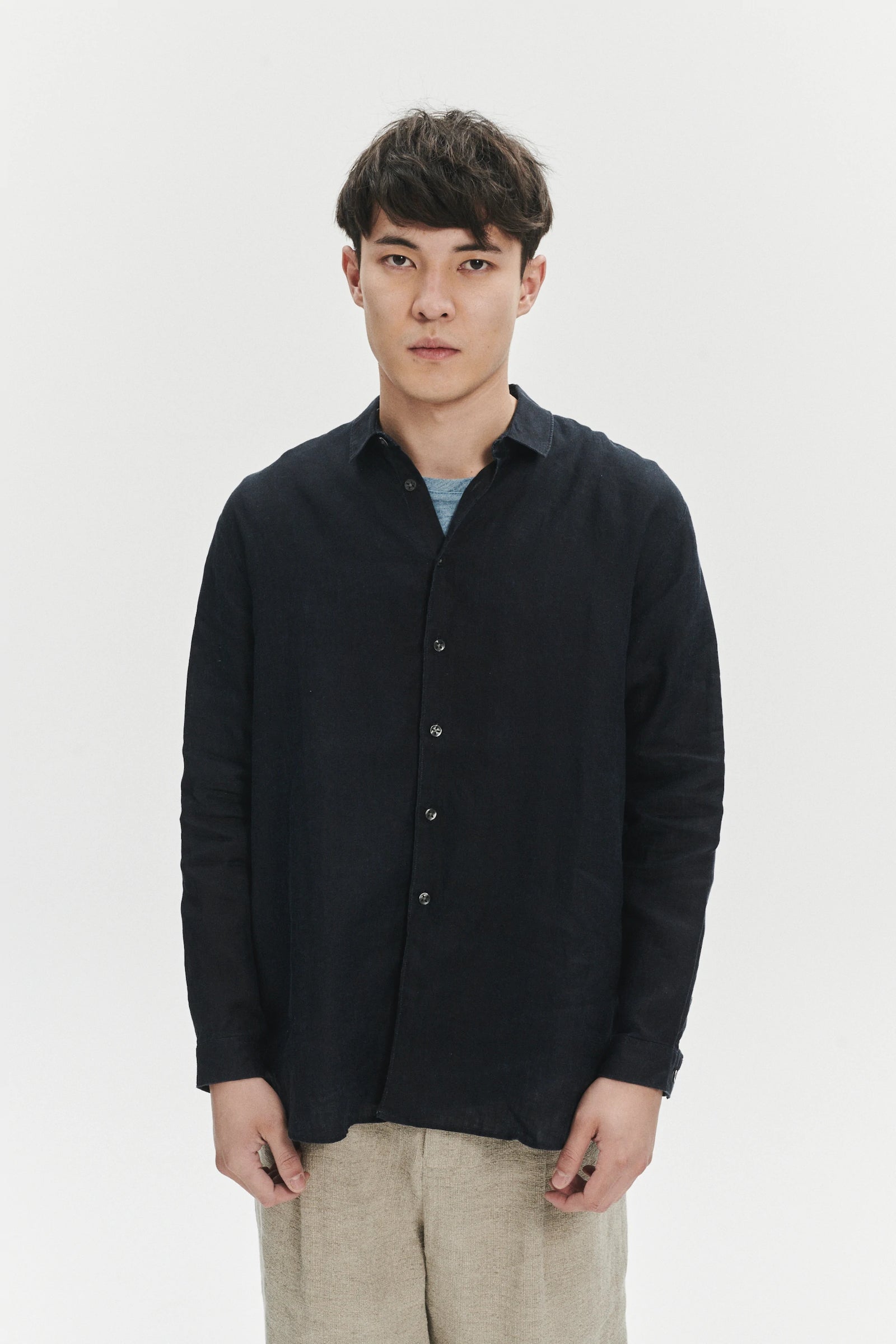 Long Sleeve Oversized Boxy Shirt in a Navy Blue and Turquoise Double Sided Pure Italian Linen