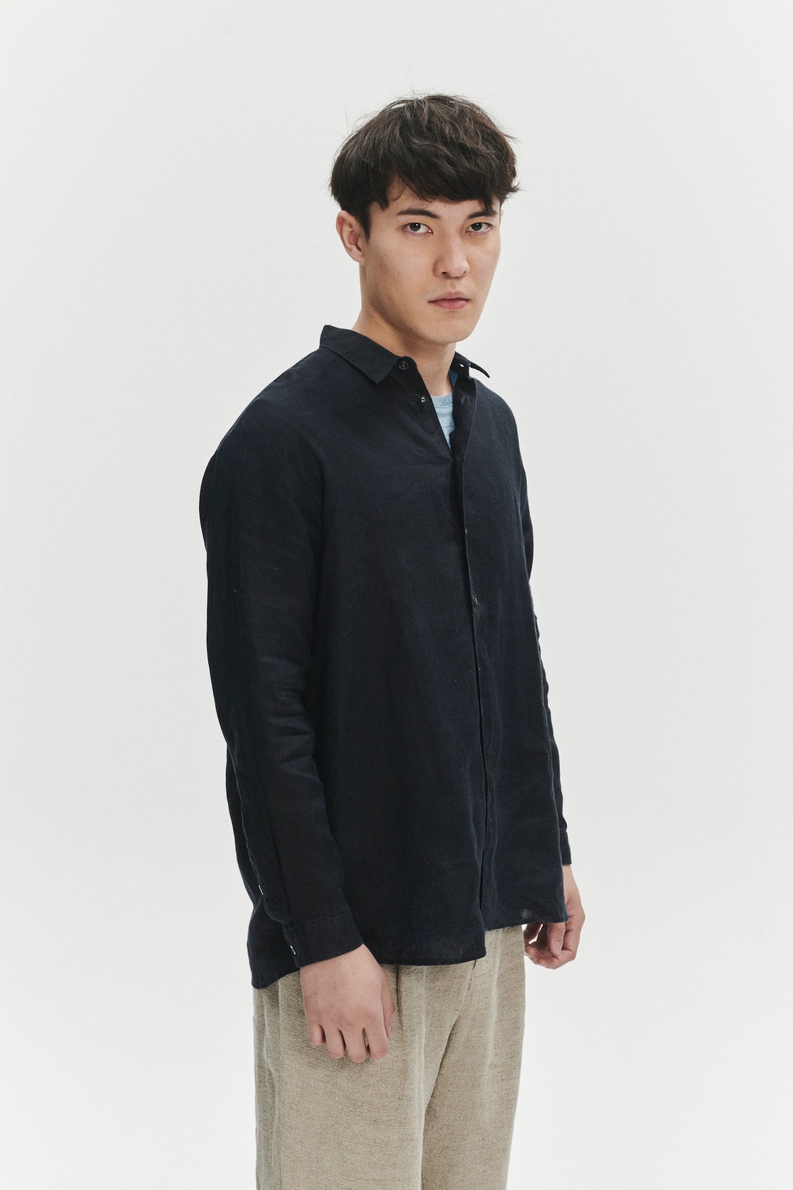 Long Sleeve Oversized Boxy Shirt in a Navy Blue and Turquoise Double Sided Pure Italian Linen