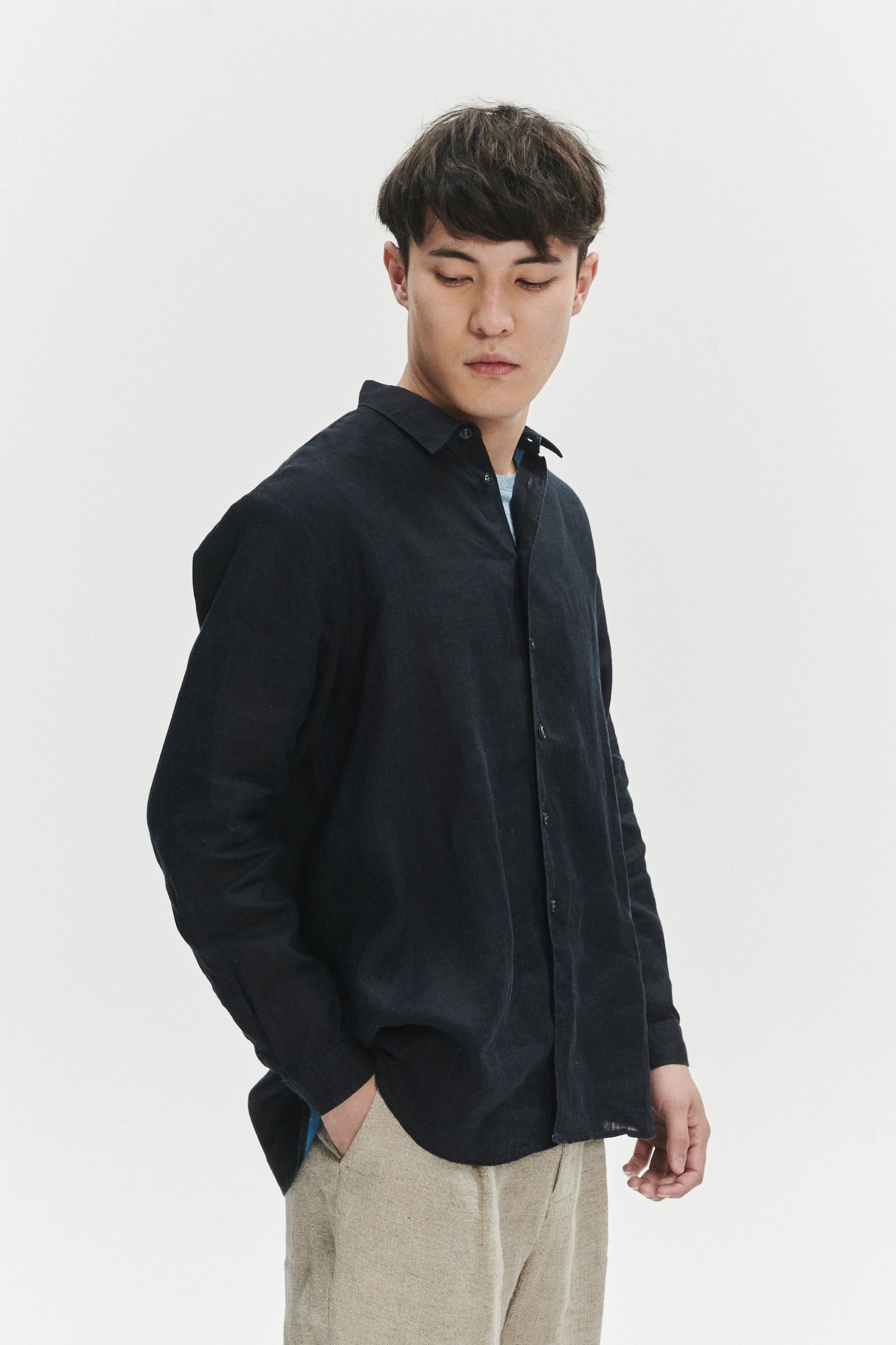 Long Sleeve Oversized Boxy Shirt in a Navy Blue and Turquoise Double Sided Pure Italian Linen
