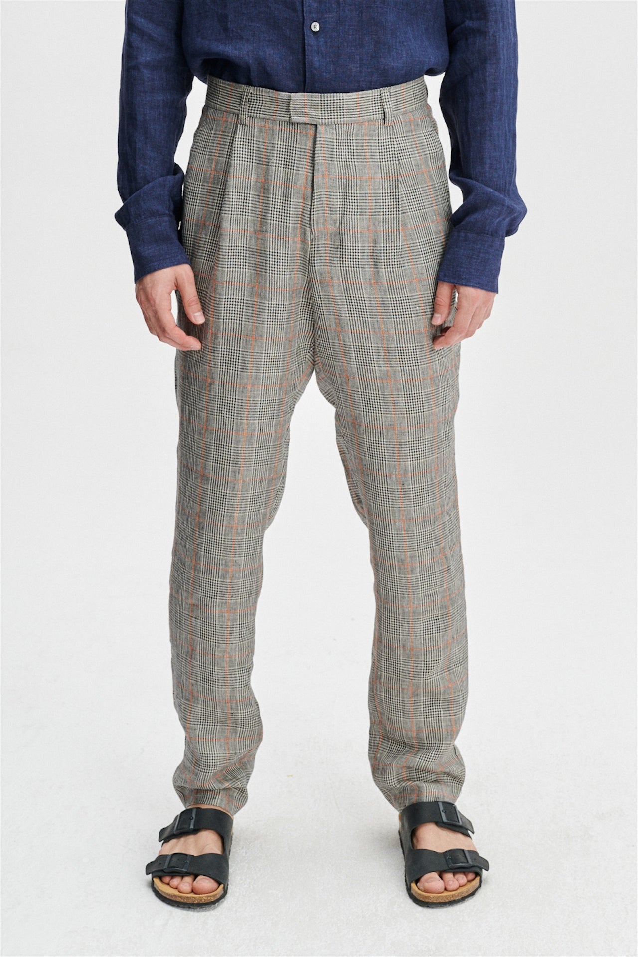Trousers in a Grey and Vibrant Orange Prince of Wales Italian Linen