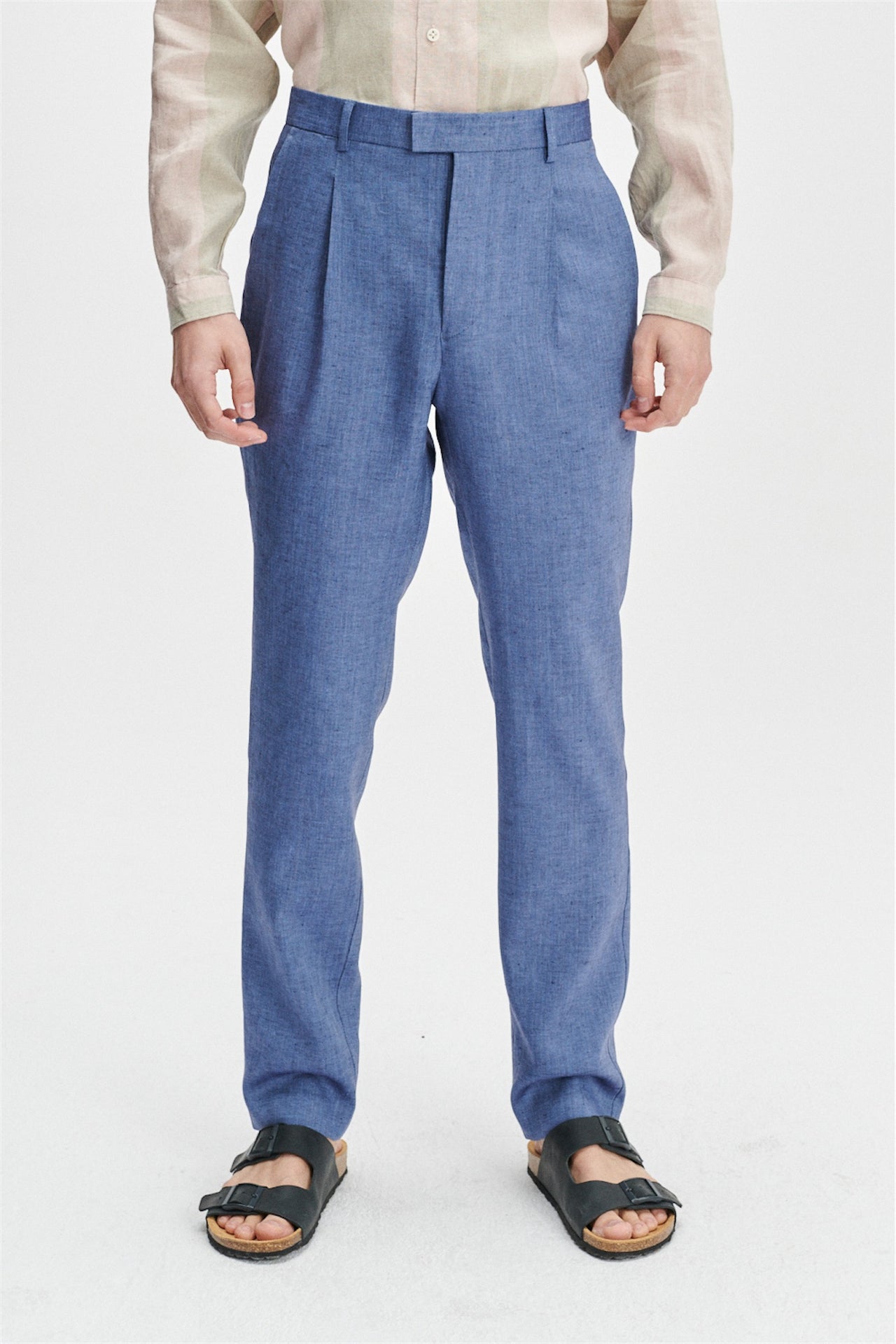 Bohemian Trousers in a natural stretch navy and pilot blue Italian traceable linen