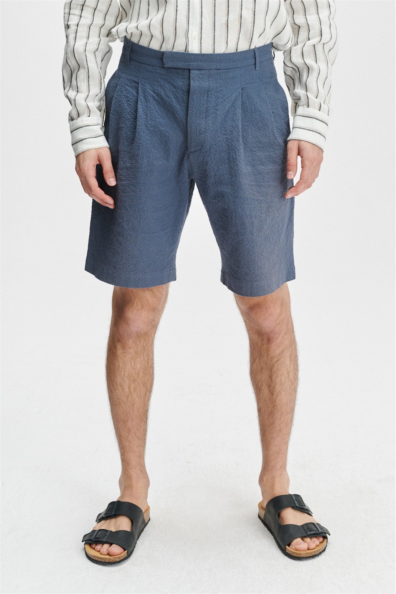 Bermuda Trousers in a Blue Italian Cotton Seersucker
