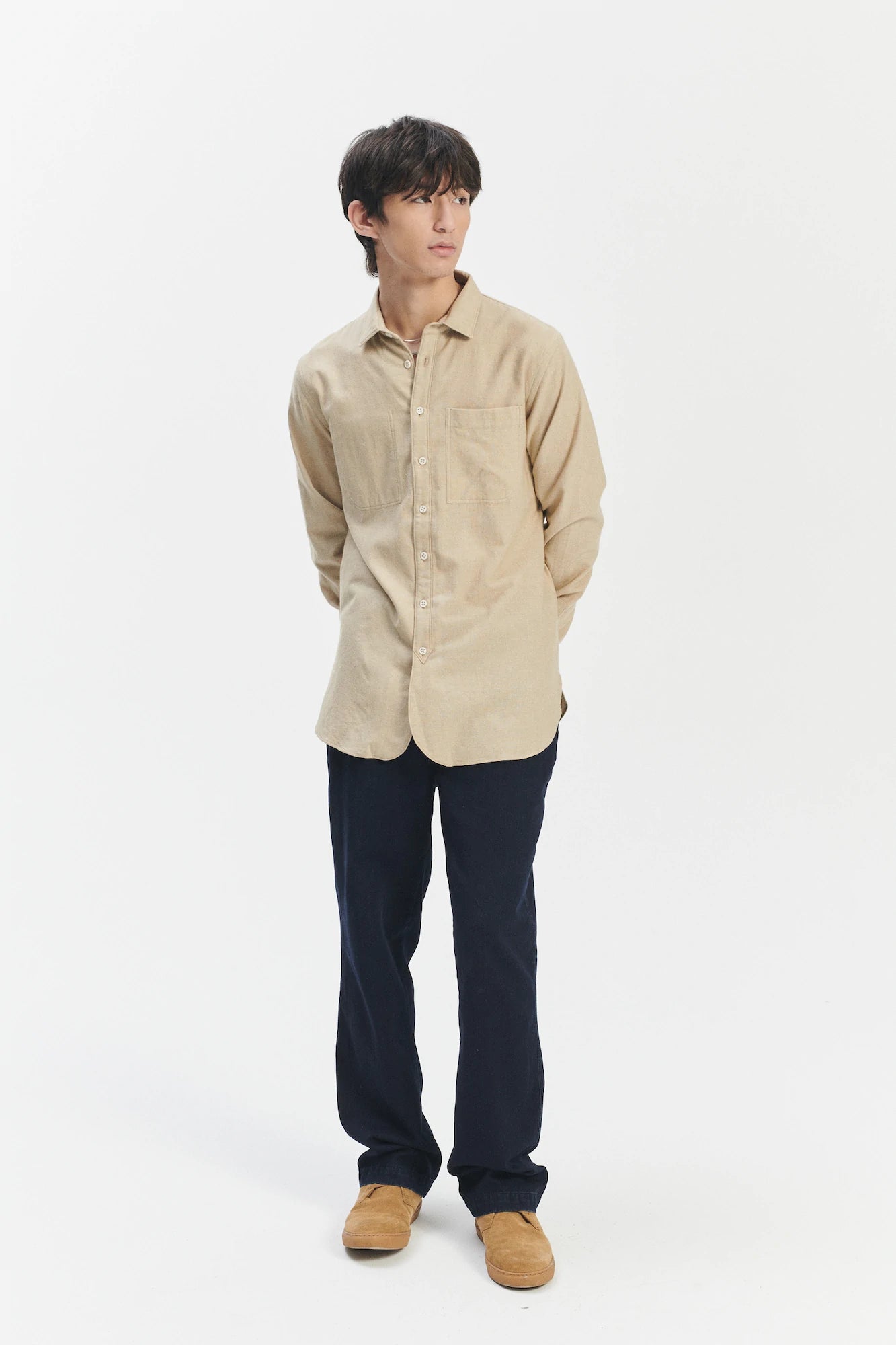 Farmer Shirt in a Cream Beige Fine Mix of Italian Cotton and Virgin Wool
