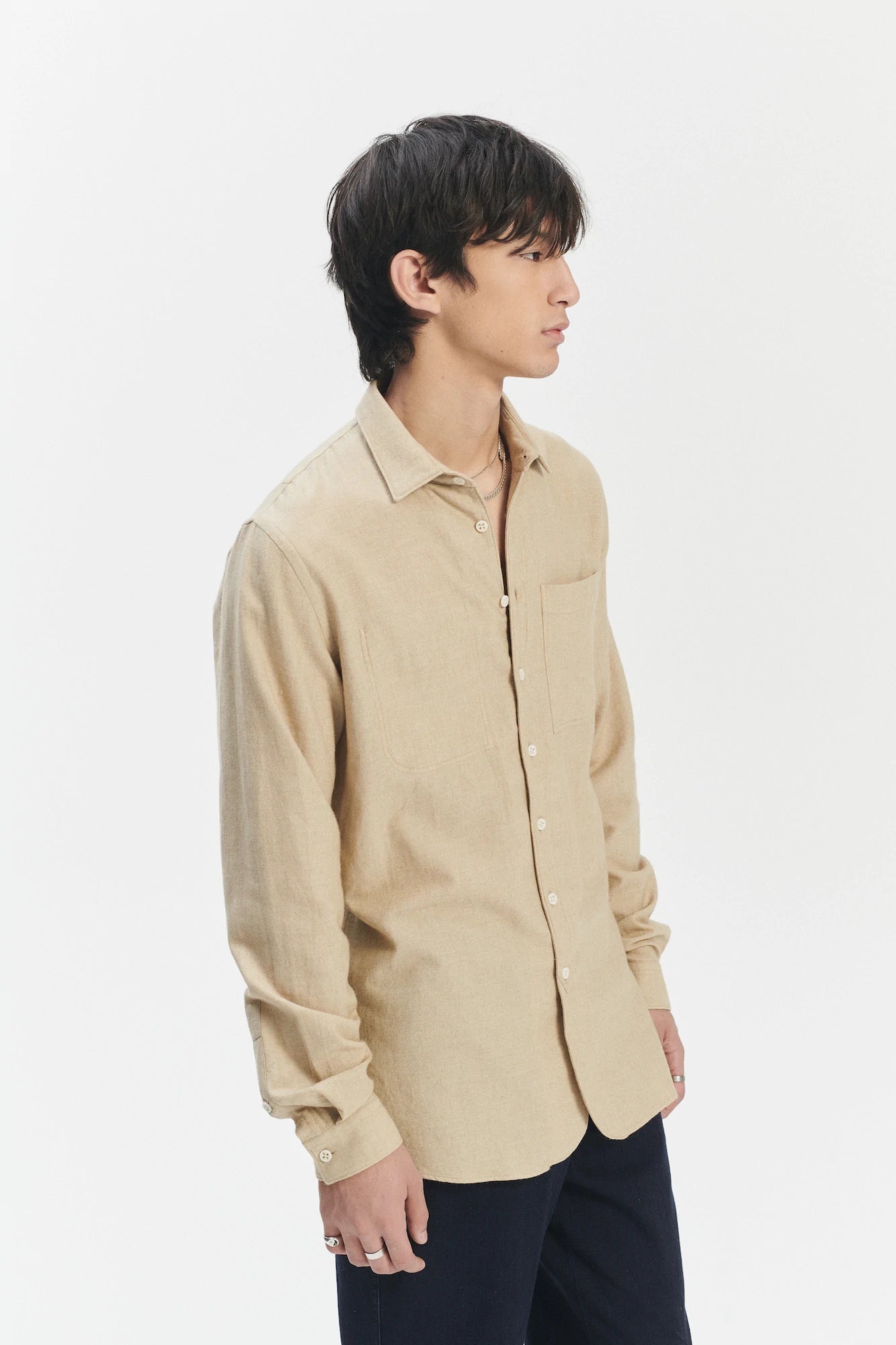 Farmer Shirt in a Cream Beige Fine Mix of Italian Cotton and Virgin Wool