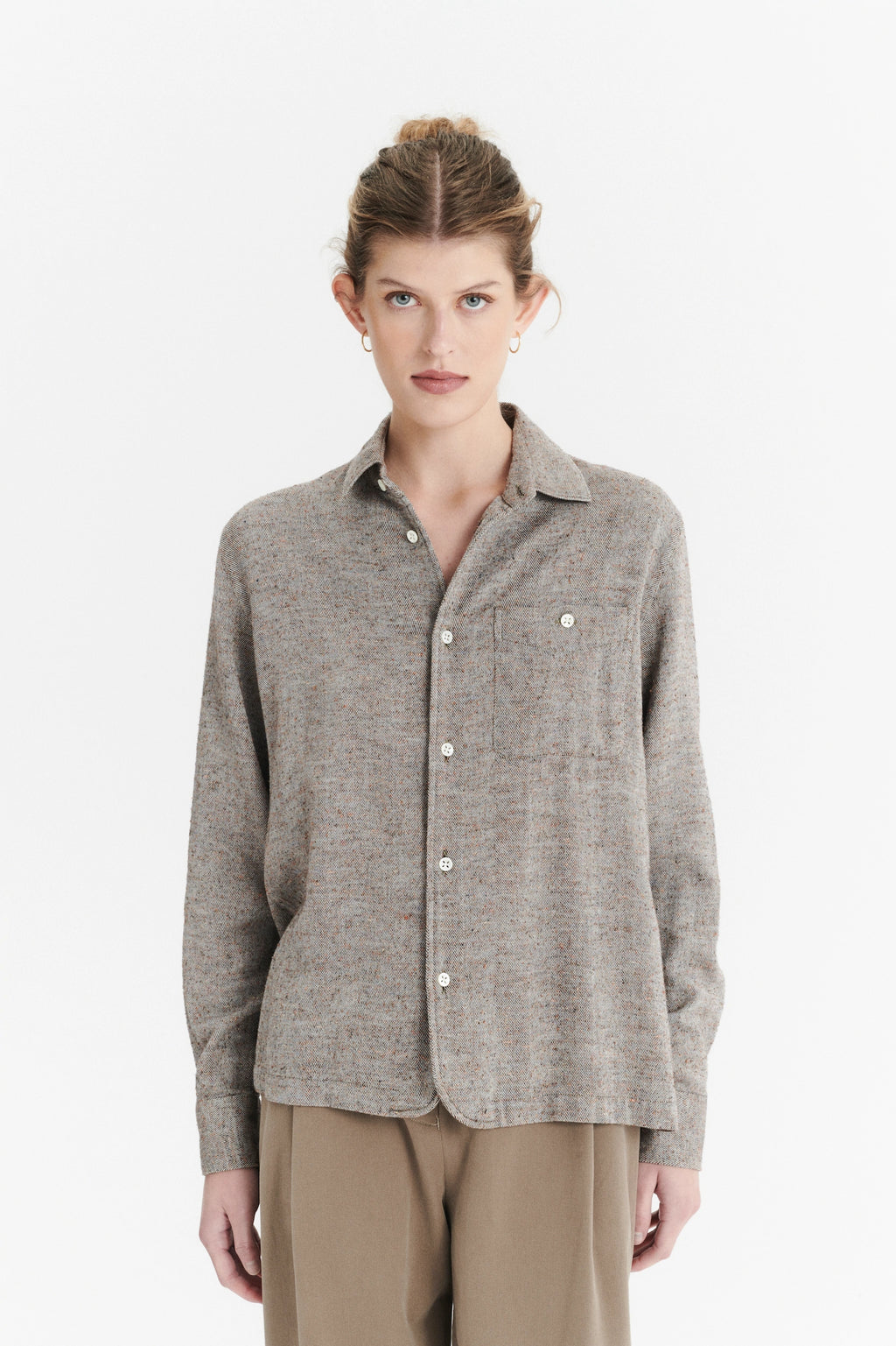 Shirt in a Beige, Brown and Rust Italian Cotton, Silk and Wool