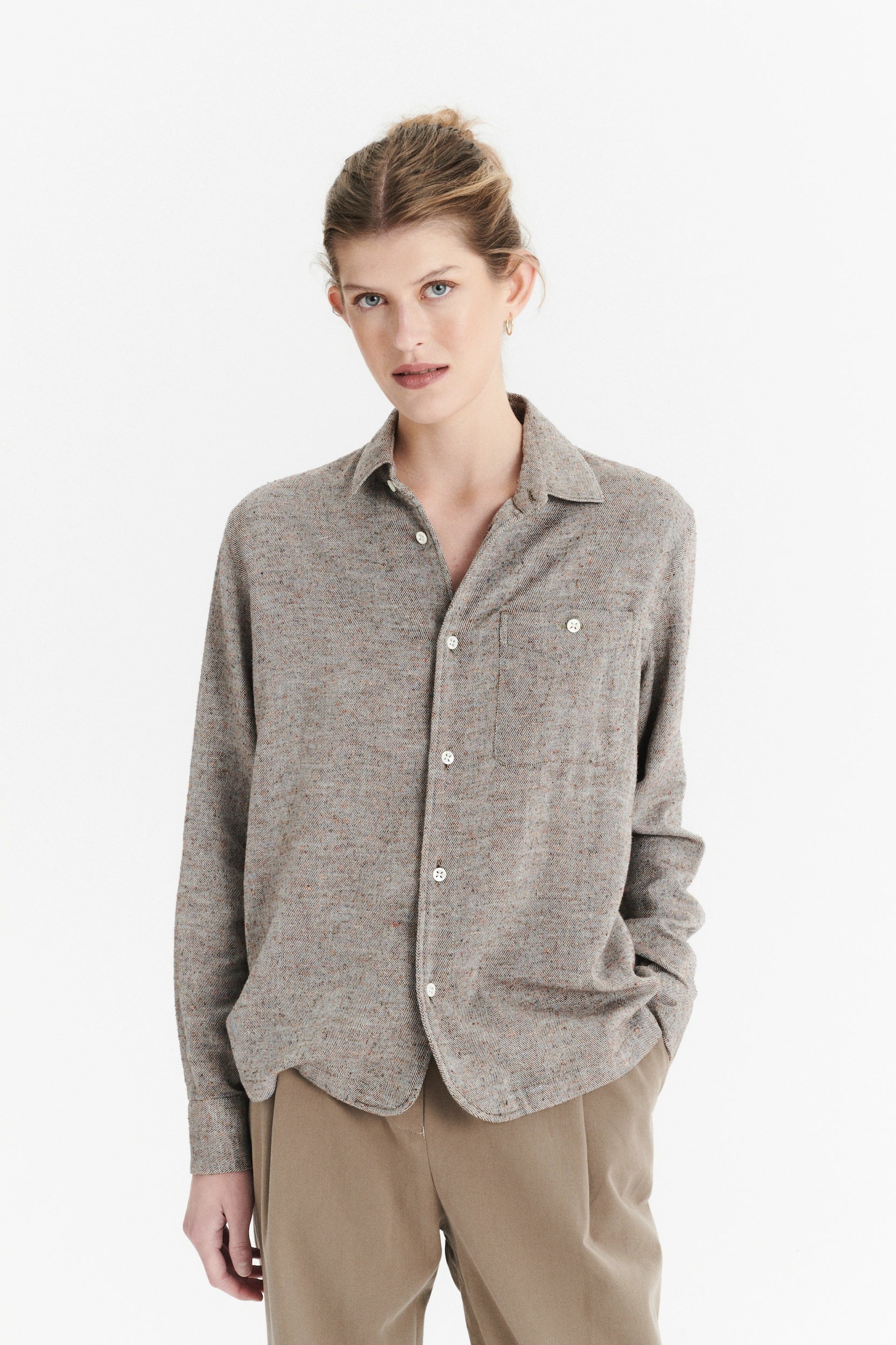 Shirt in a Beige, Brown and Rust Italian Cotton, Silk and Wool