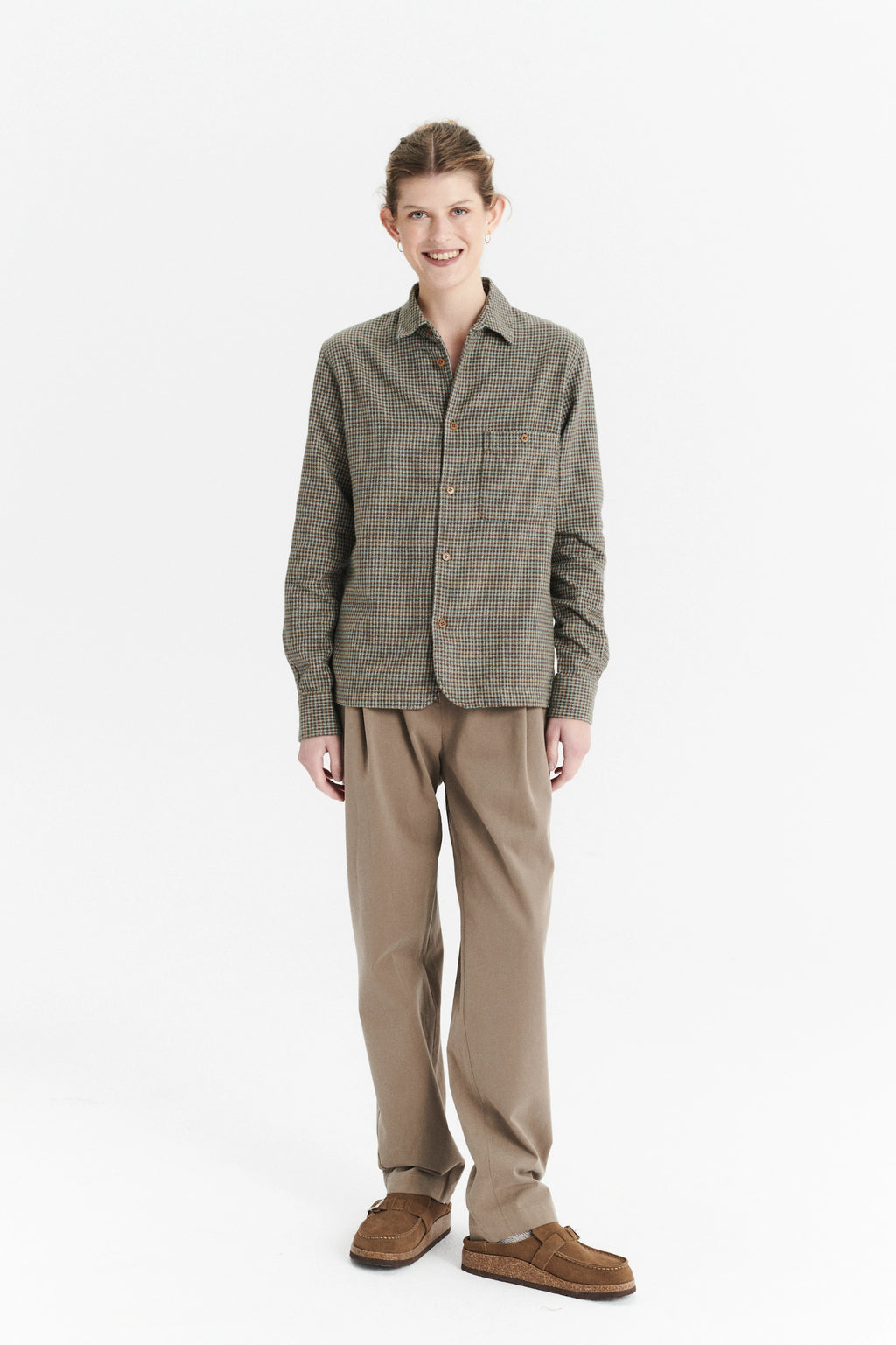 Shirt in a Brown, Vivid Green and Curry Yellow Chequered Portuguese Cotton Flannel