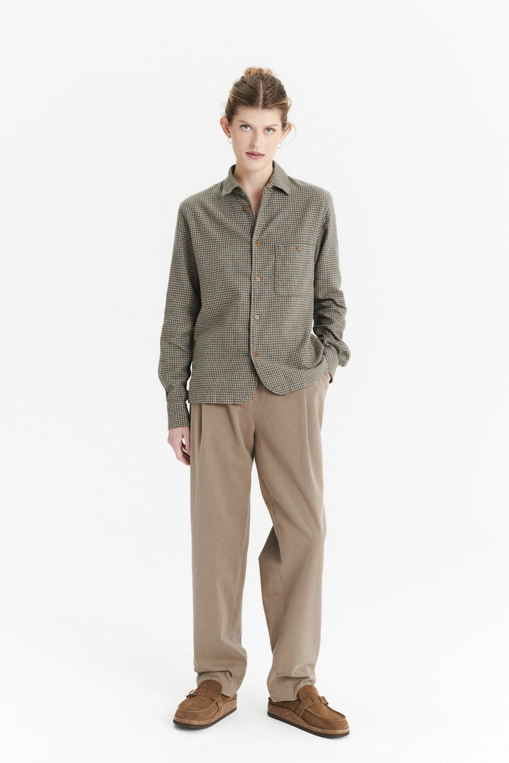 Shirt in a Brown, Vivid Green and Curry Yellow Chequered Portuguese Cotton Flannel