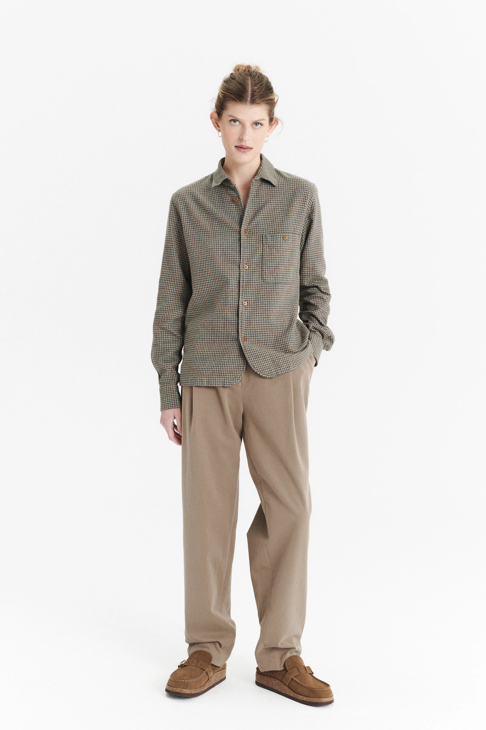 Shirt in a Brown, Vivid Green and Curry Yellow Chequered Portuguese Cotton Flannel