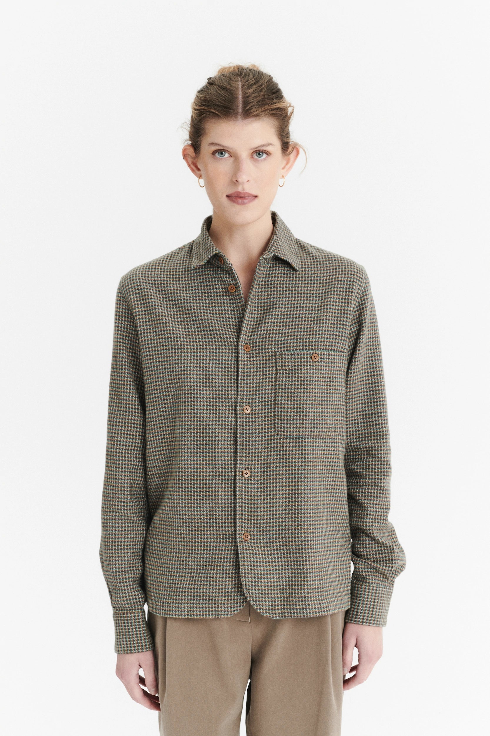 Shirt in a Brown, Vivid Green and Curry Yellow Chequered Portuguese Cotton Flannel