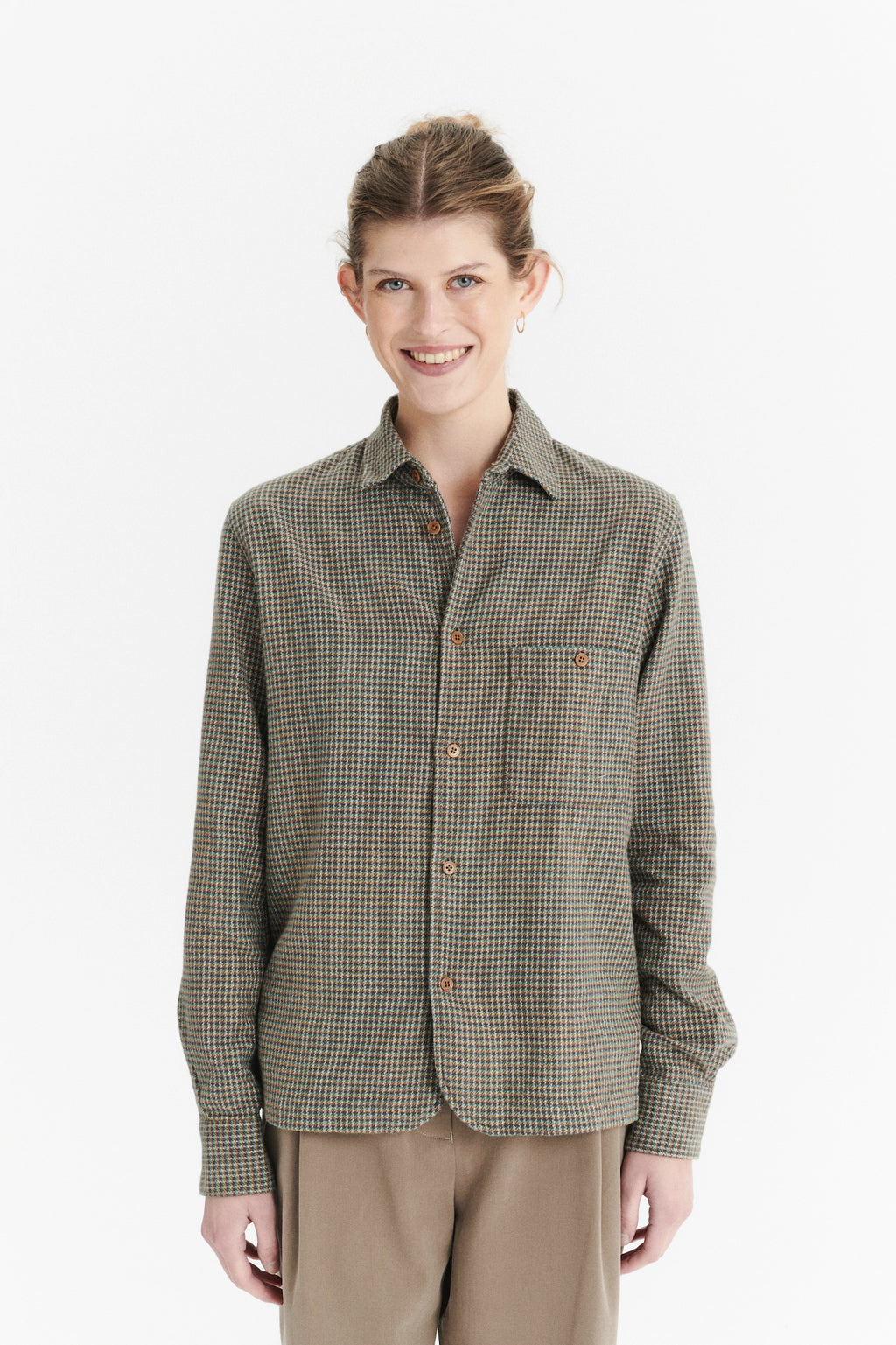 Shirt in a Brown, Vivid Green and Curry Yellow Chequered Portuguese Cotton Flannel