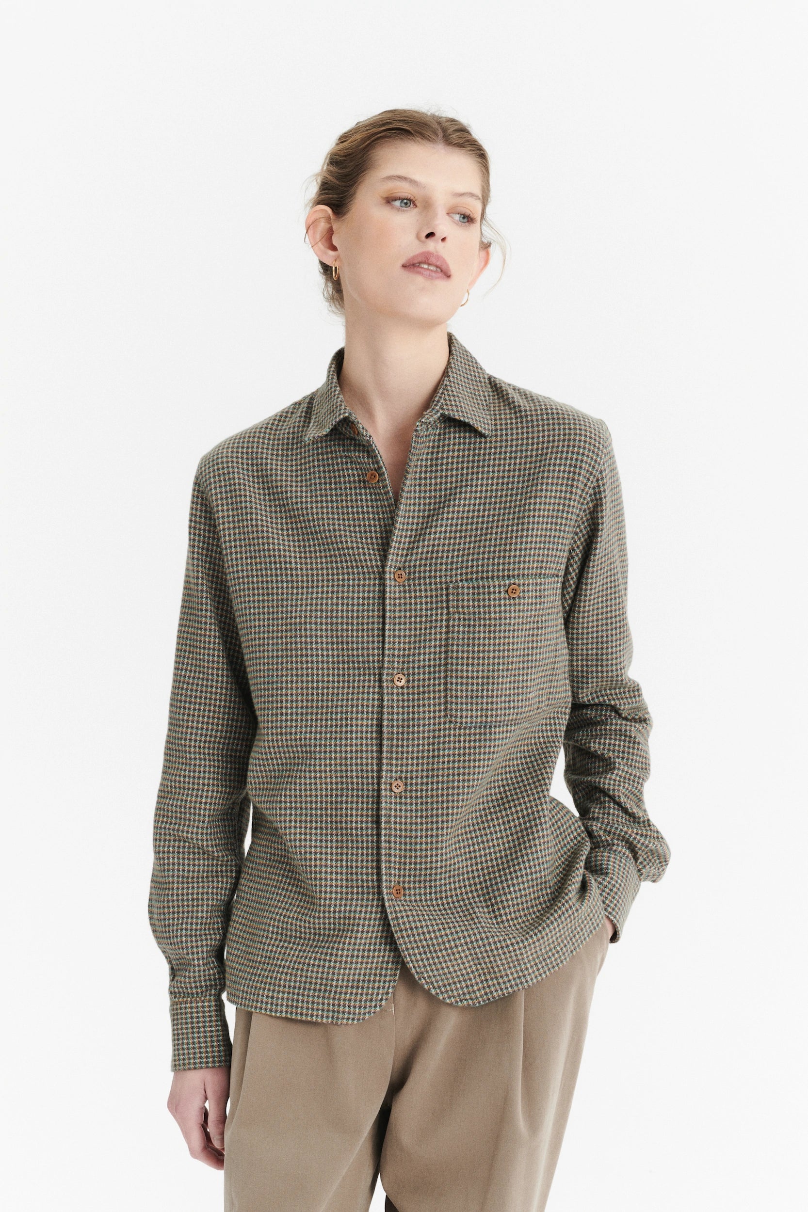Shirt in a Brown, Vivid Green and Curry Yellow Chequered Portuguese Cotton Flannel