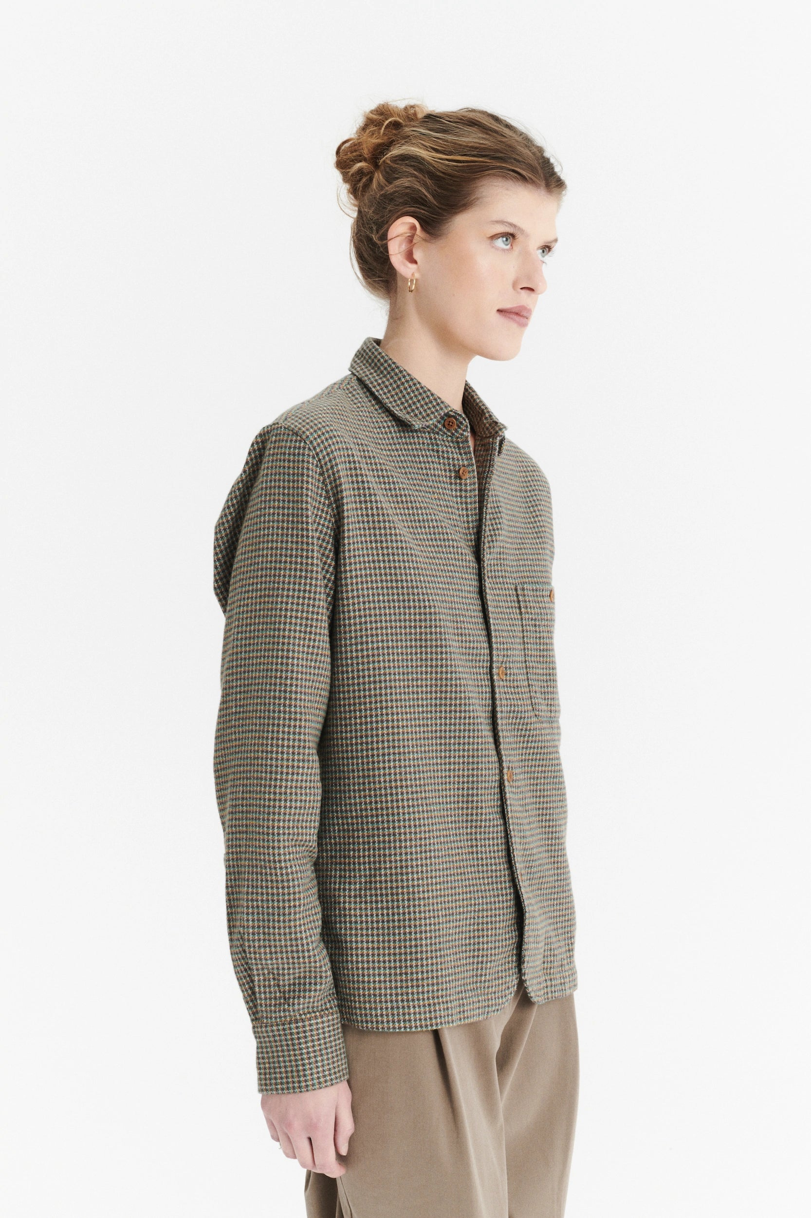 Shirt in a Brown, Vivid Green and Curry Yellow Chequered Portuguese Cotton Flannel