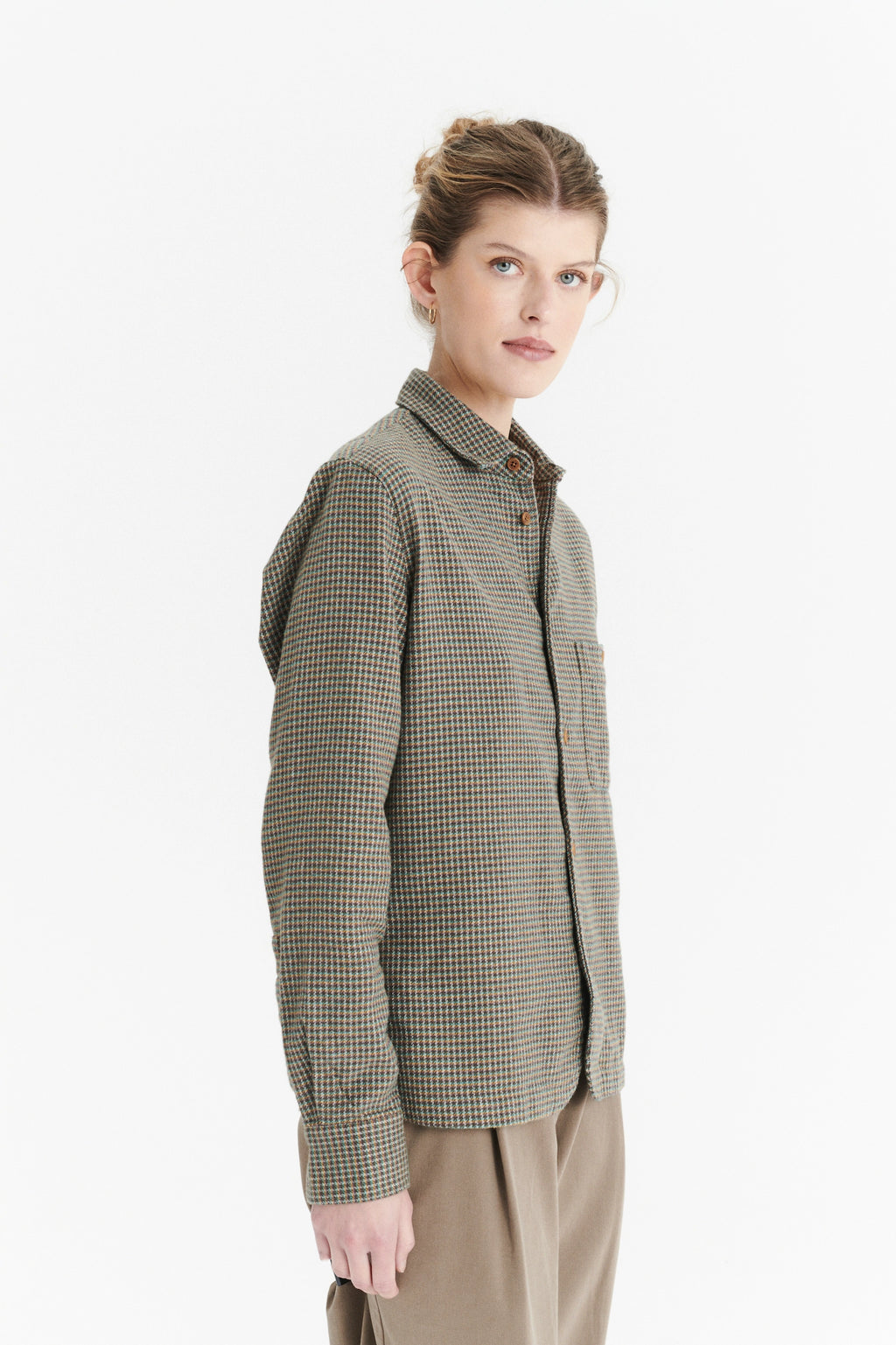 Shirt in a Brown, Vivid Green and Curry Yellow Chequered Portuguese Cotton Flannel