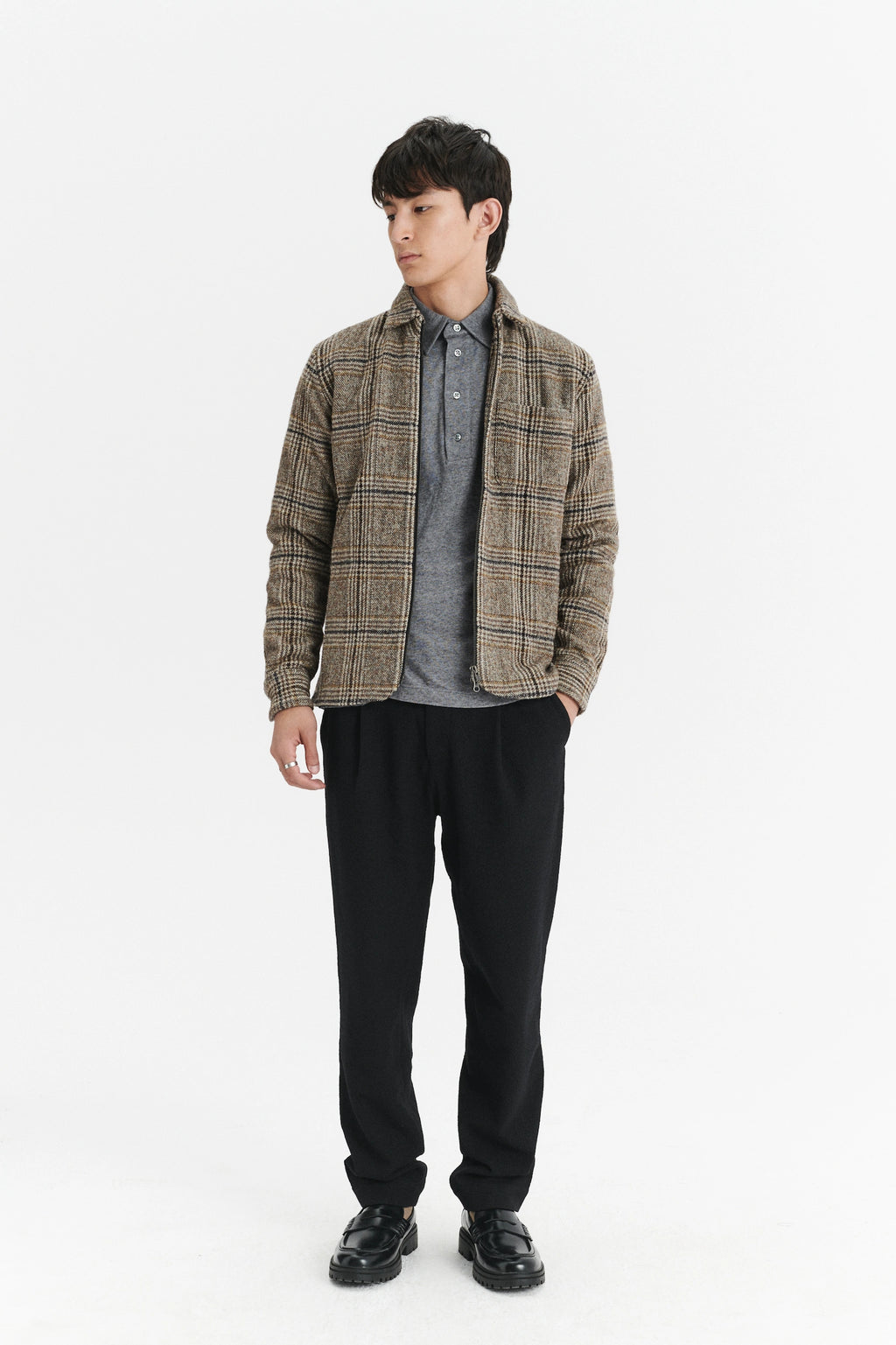 Jacket in a Chequered Brown, Beige, and Black Soft Italian Virgin Wool with MEIDA Thermo Insulation