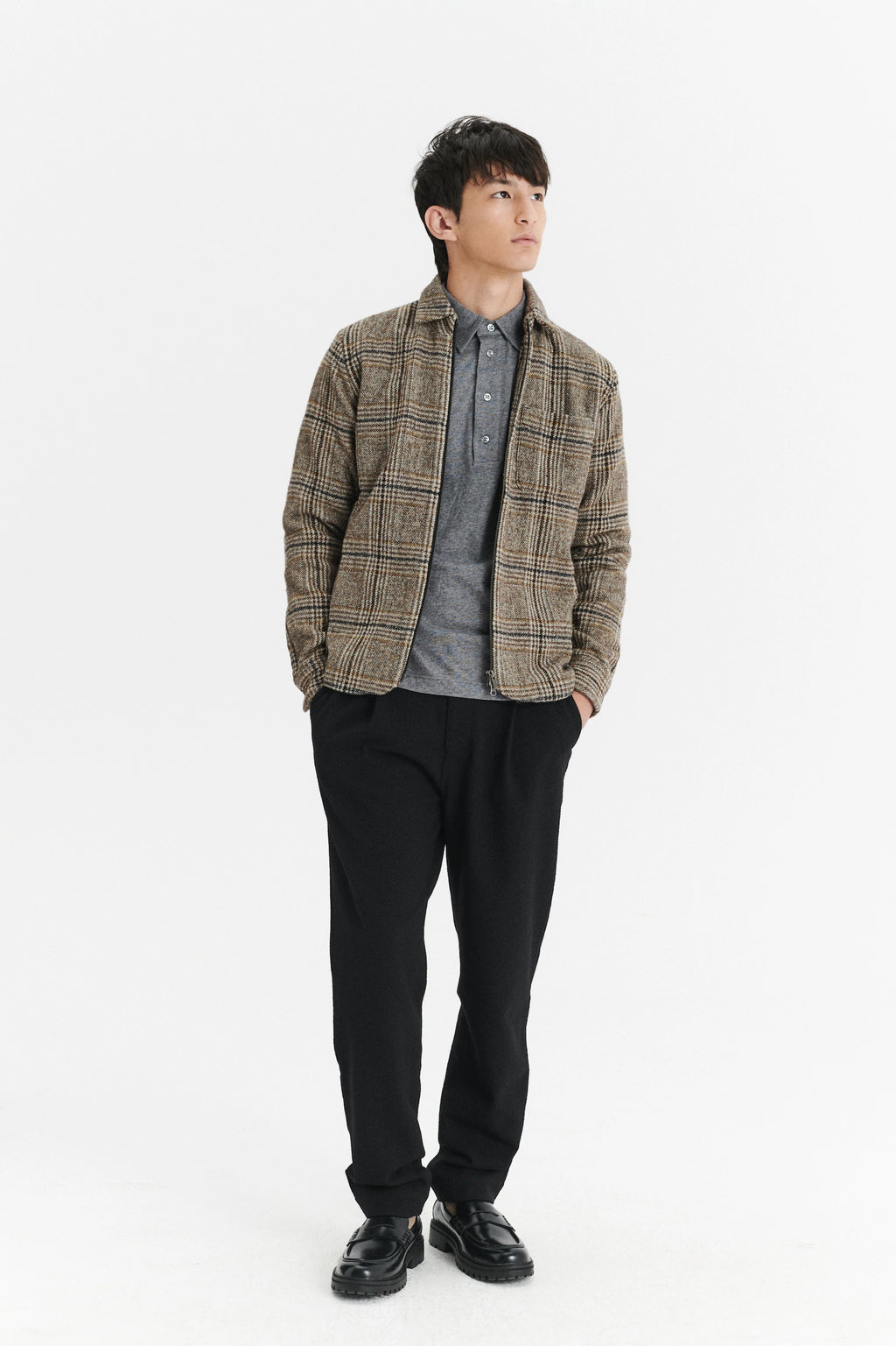 Jacket in a Chequered Brown, Beige, and Black Soft Italian Virgin Wool with MEIDA Thermo Insulation