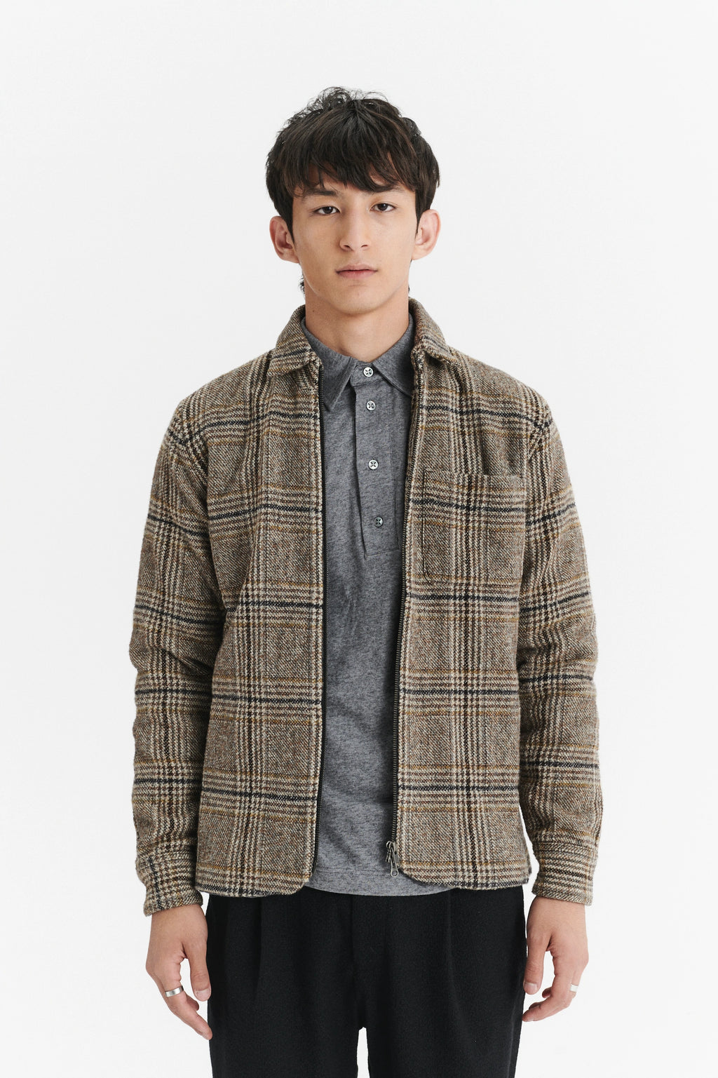 Jacket in a Chequered Brown, Beige, and Black Soft Italian Virgin Wool with MEIDA Thermo Insulation