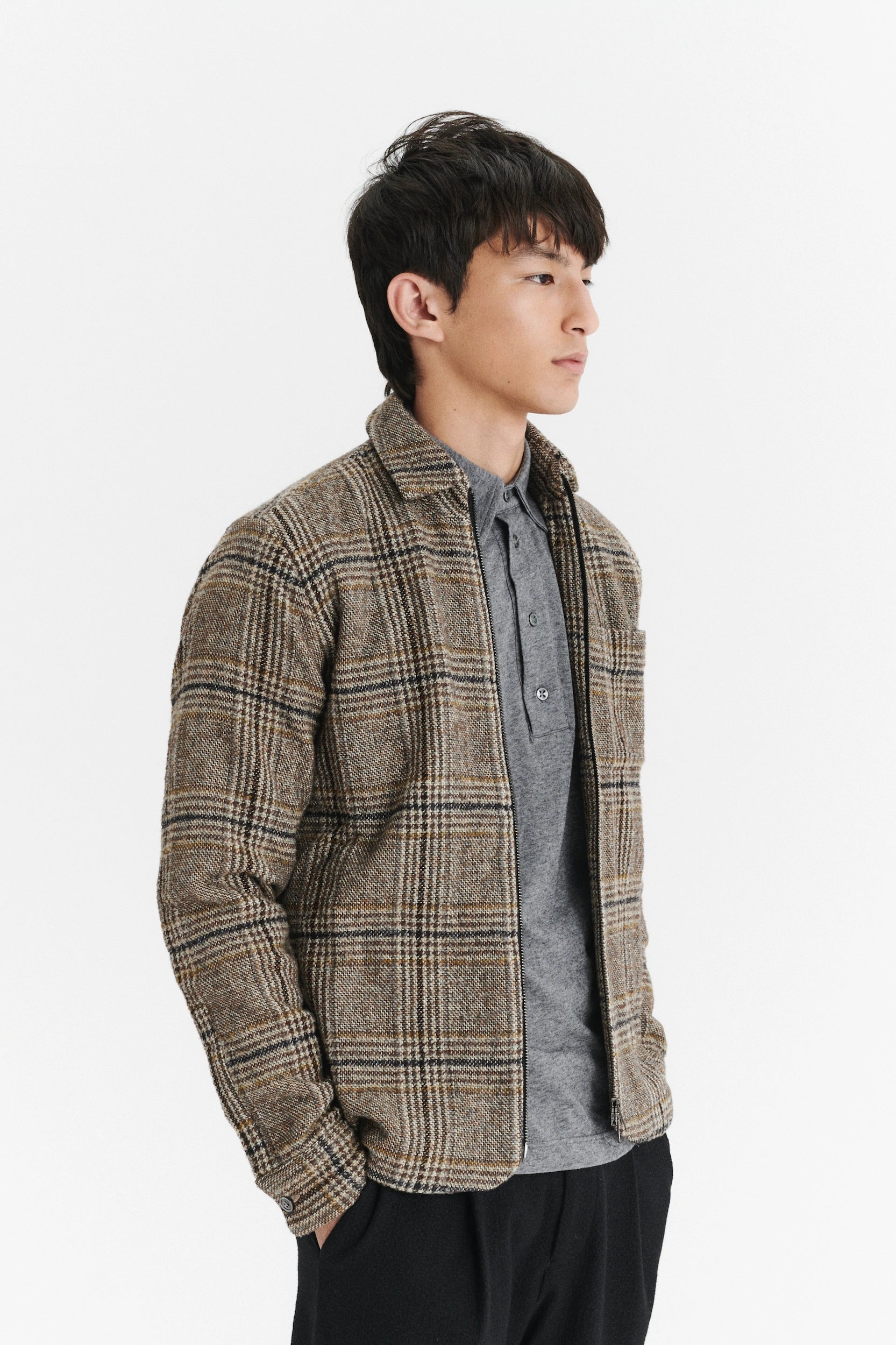 Jacket in a Chequered Brown, Beige, and Black Soft Italian Virgin Wool with MEIDA Thermo Insulation