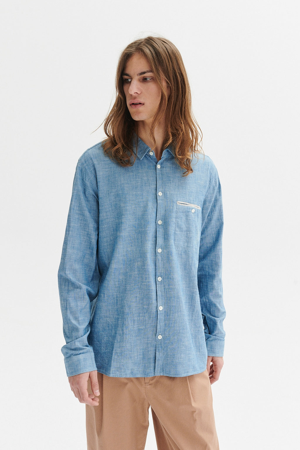 Proper Shirt in a Blue Japanese Chambray Cotton with a red and white striped selvedge