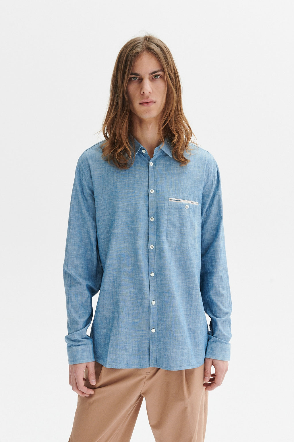 Proper Shirt in a Blue Japanese Chambray Cotton with a red and white striped selvedge
