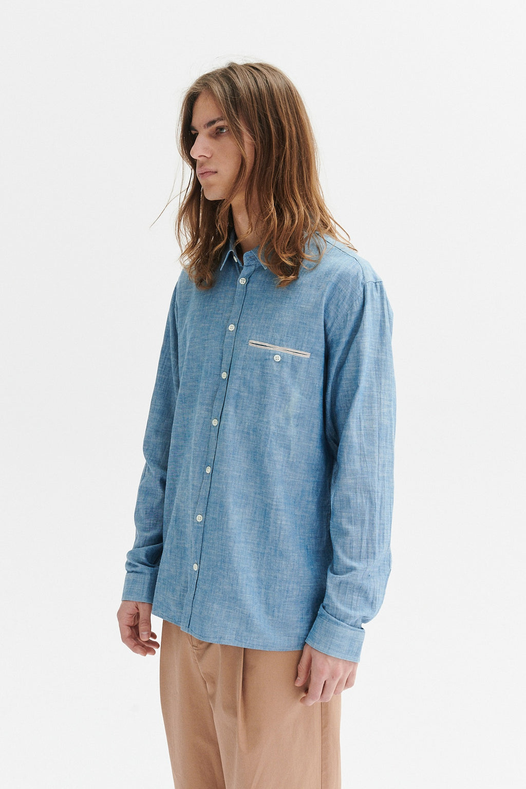 Proper Shirt in a Blue Japanese Chambray Cotton with a red and white striped selvedge