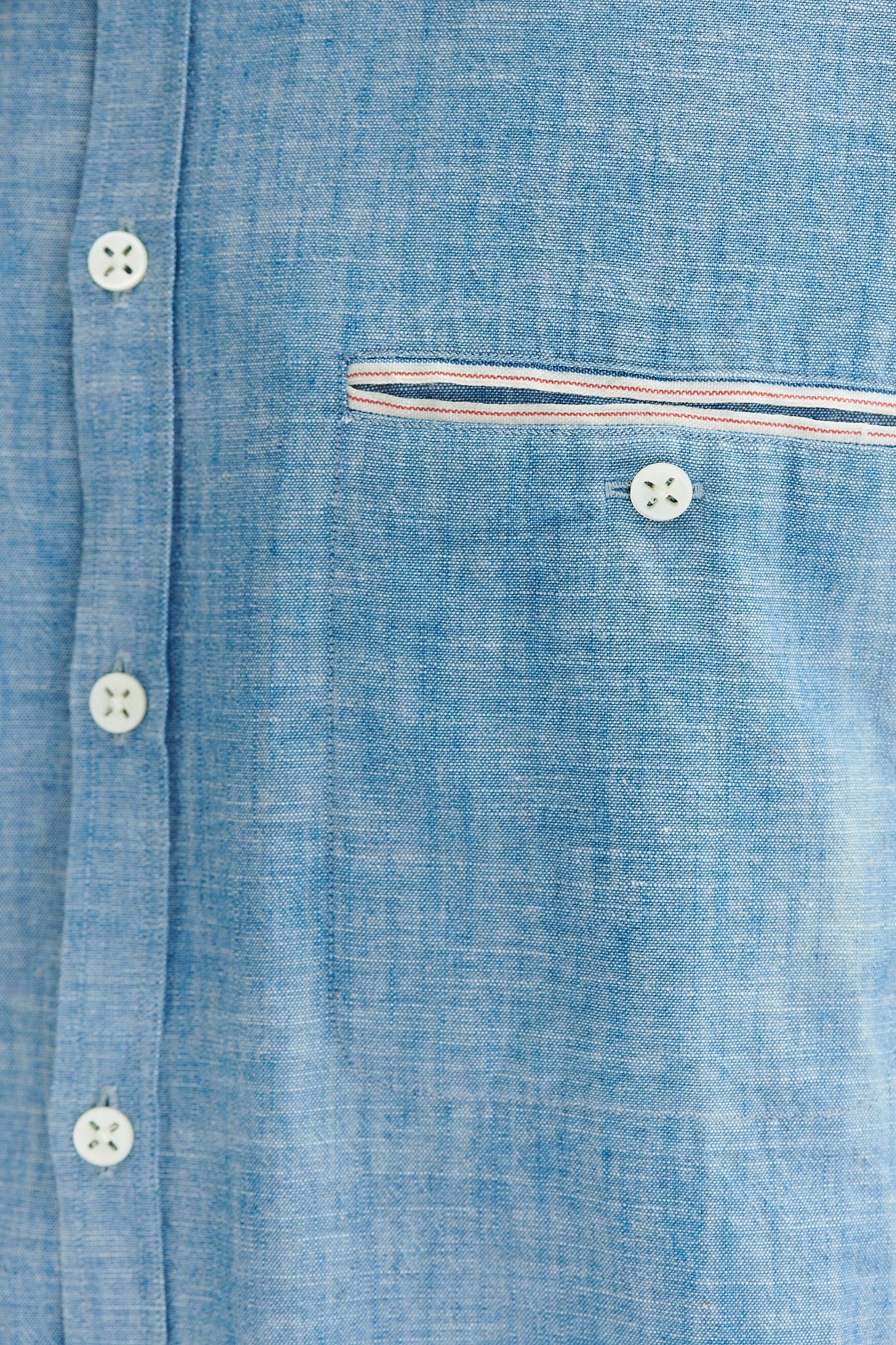 Proper Shirt in a Blue Japanese Chambray Cotton with a red and white striped selvedge