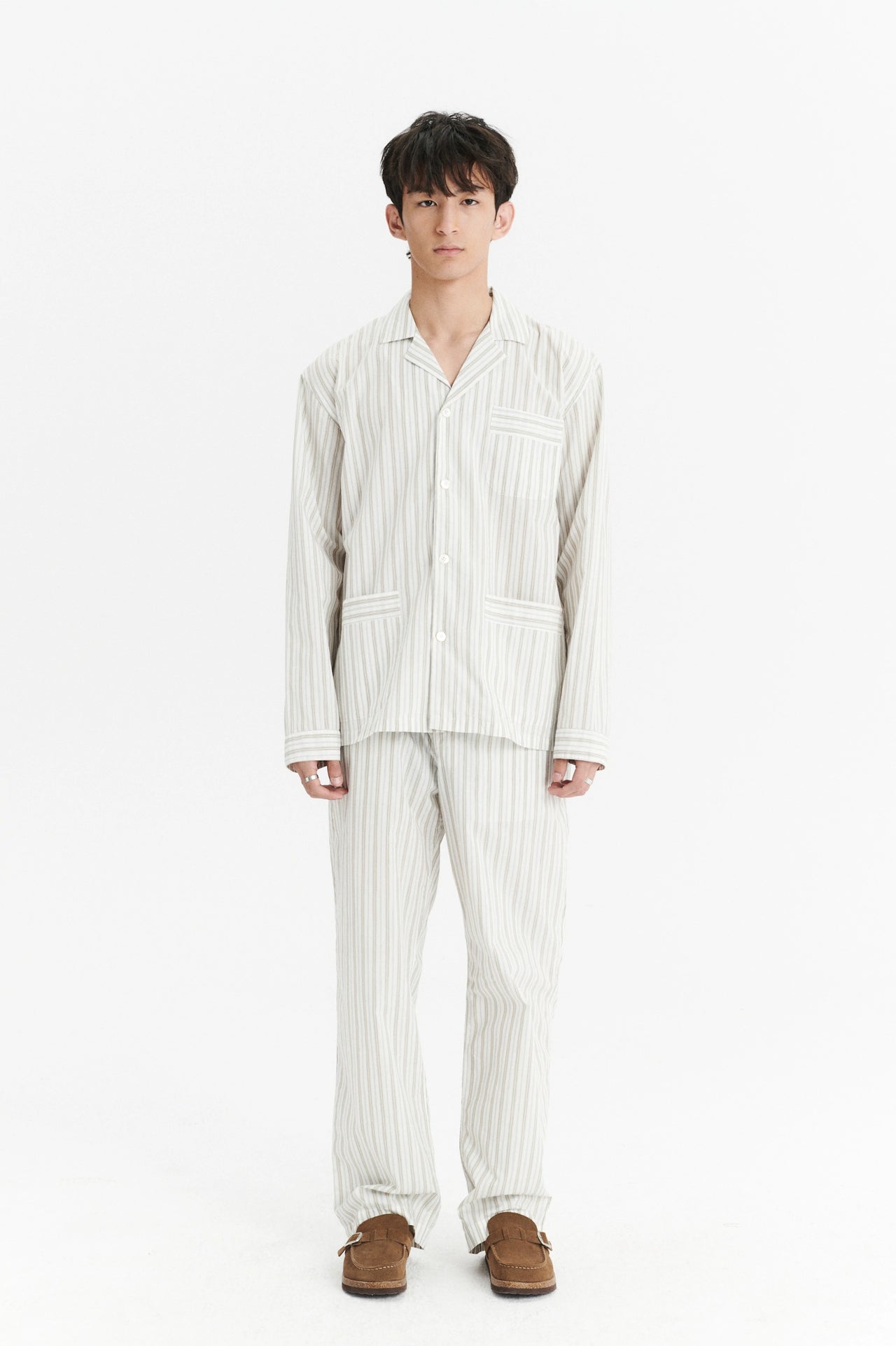 Pyjama House Shirt in a Cream and Beige Striped Italian Cotton by Leggiuno