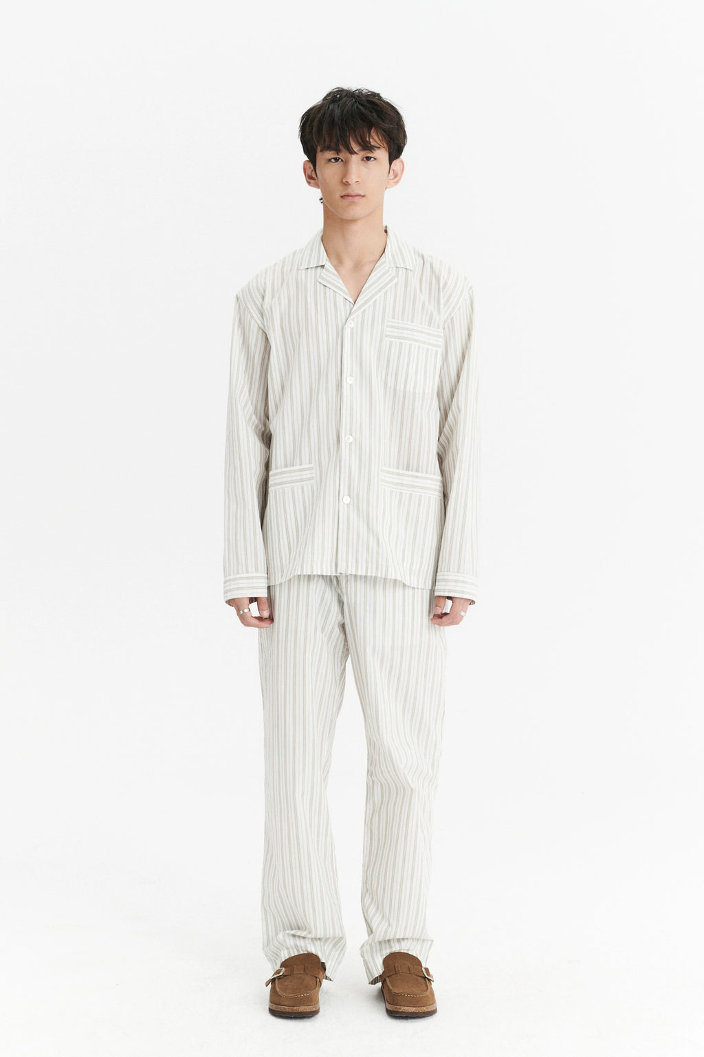 Pyjama House Shirt in a Cream and Beige Striped Excellent Italian Cotton