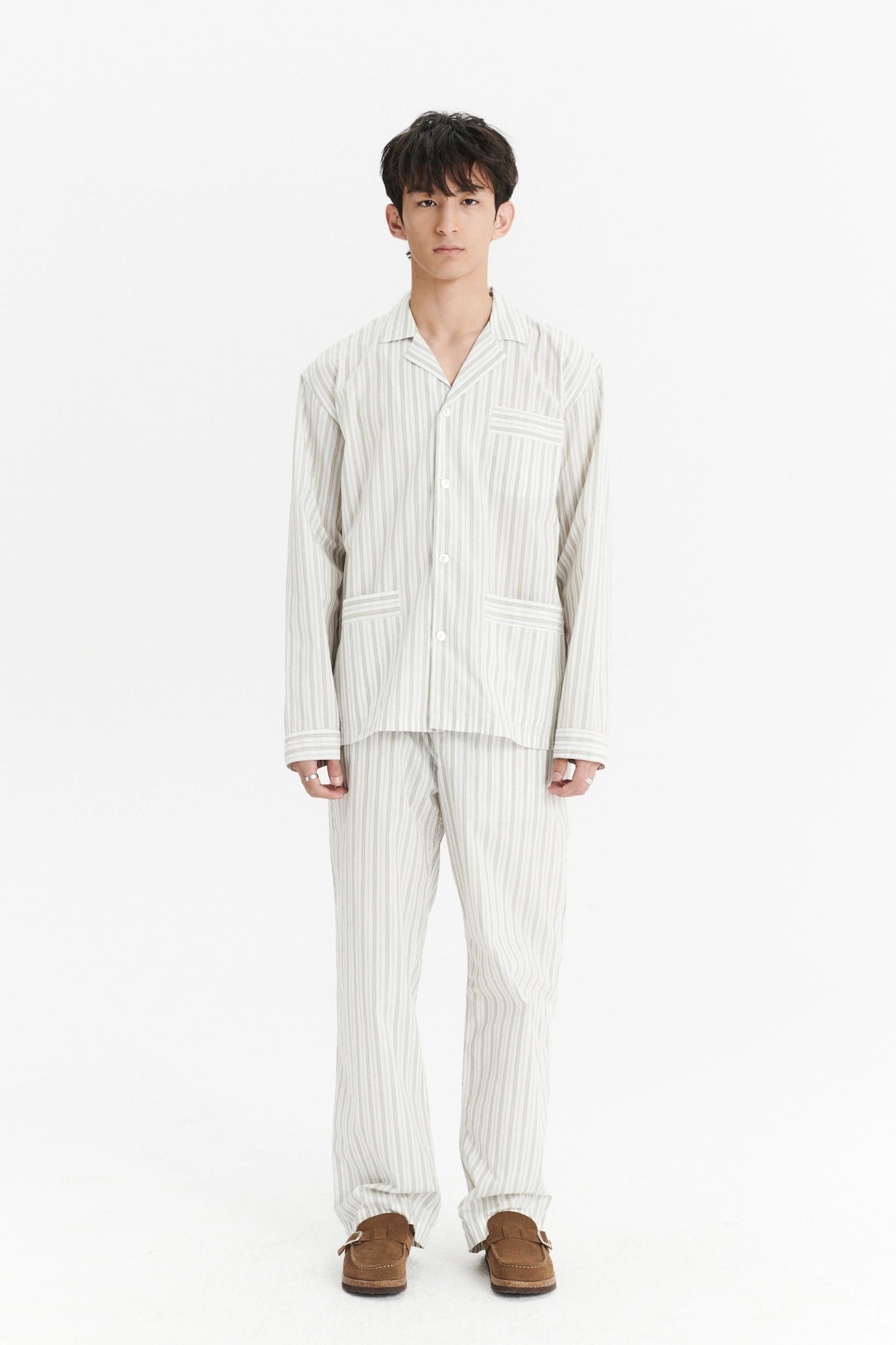 Relaxed House Shirt in a Cream and Beige Striped Soft Italian Cotton
