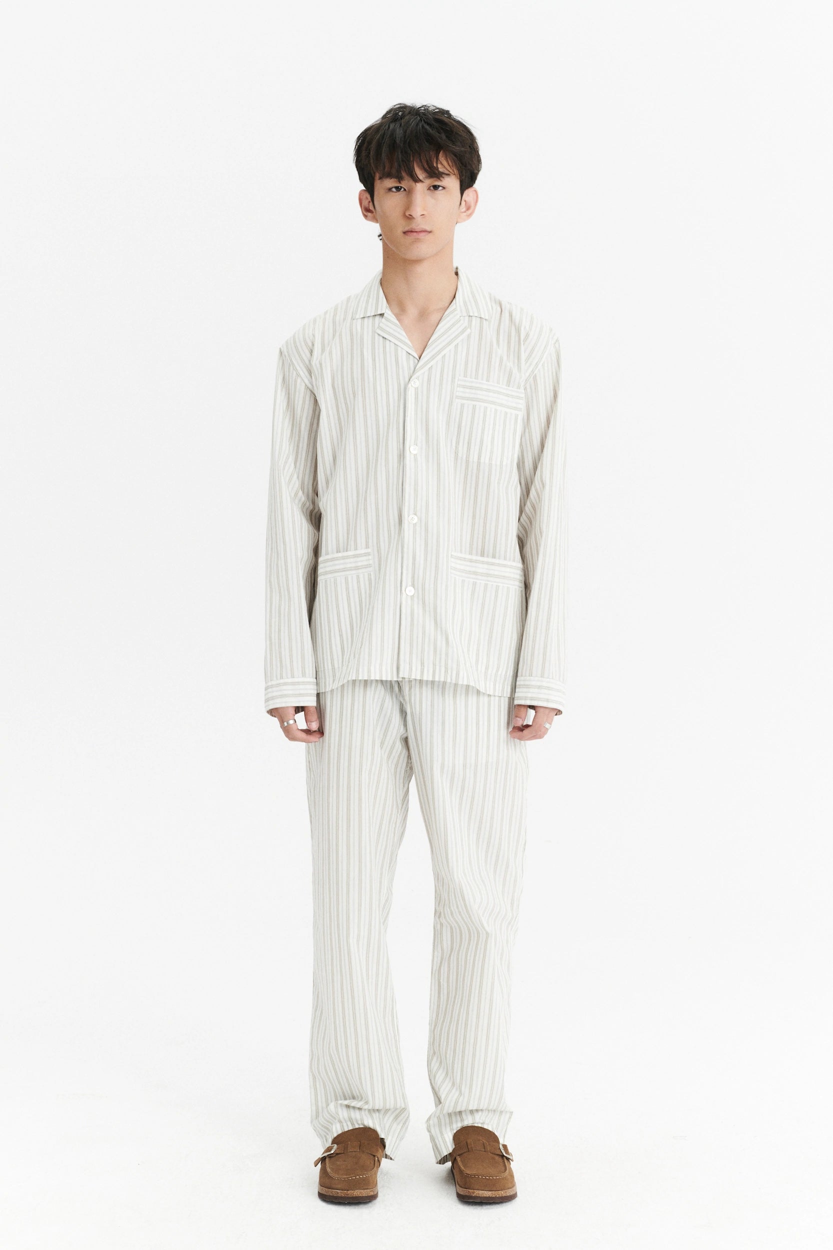 Pyjama House Shirt in a Cream and Beige Striped Excellent Italian Cotton