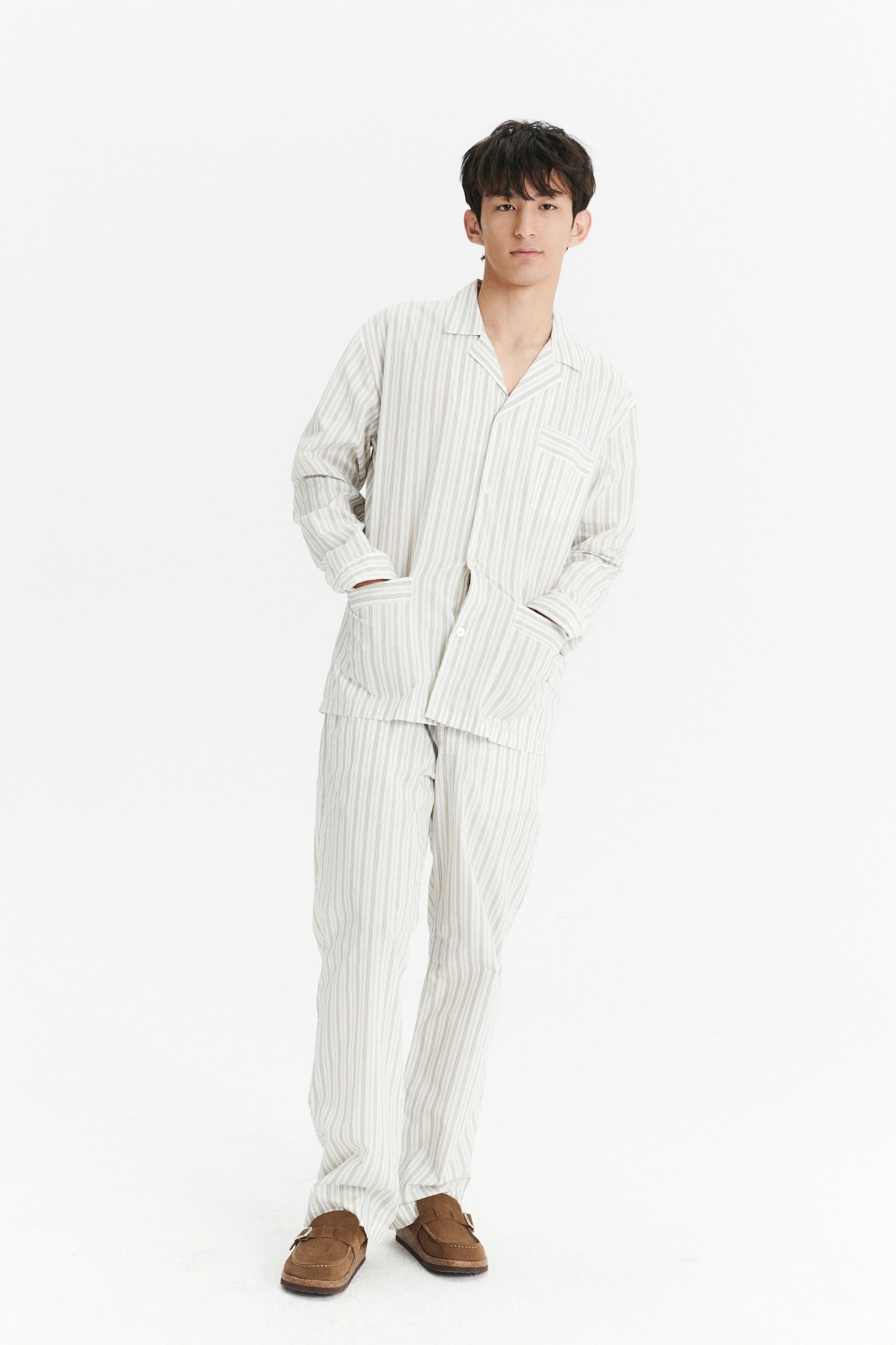 Pyjama House Shirt in a Cream and Beige Striped Excellent Italian Cotton