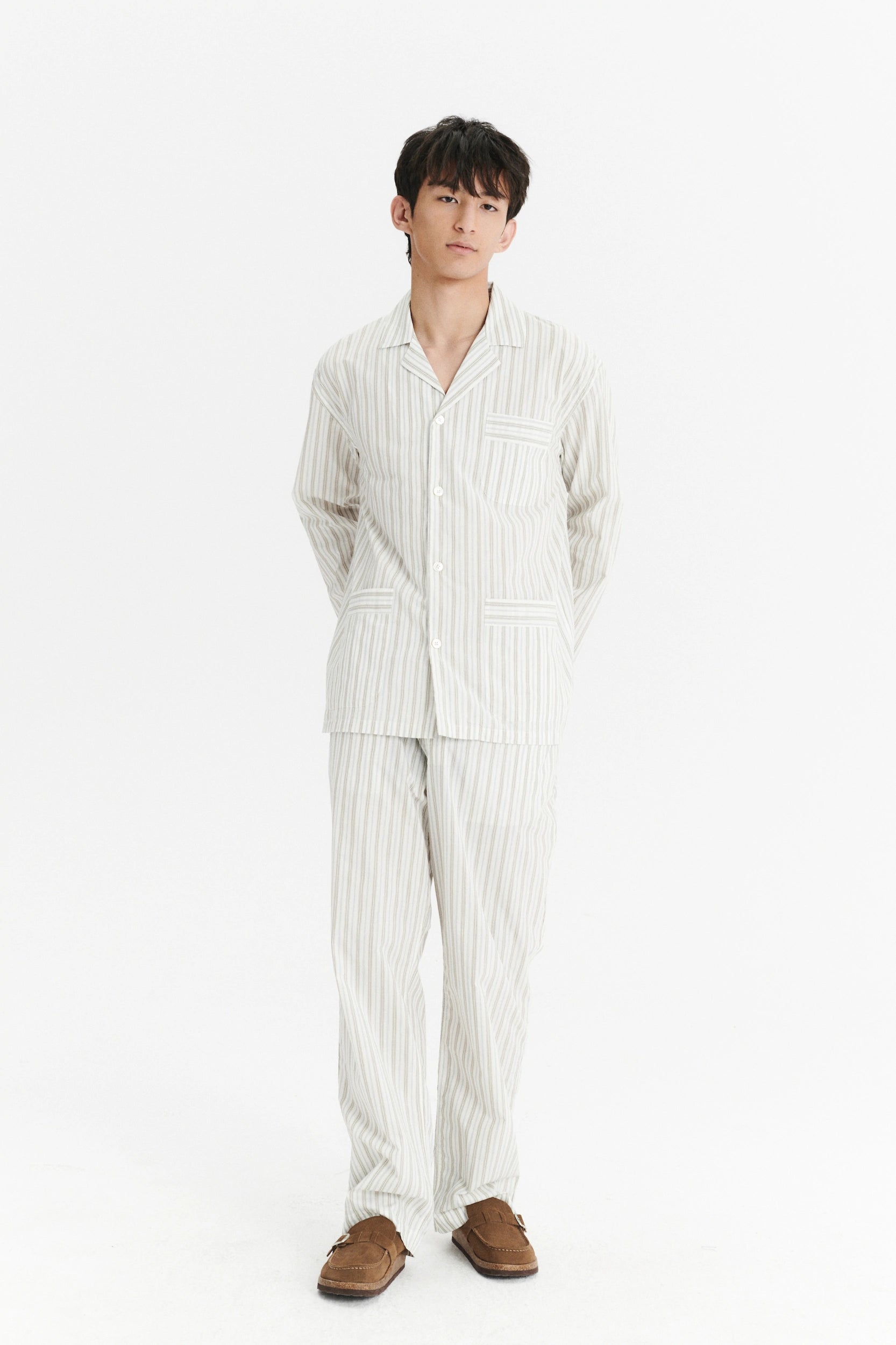 Pyjama House Trousers in a Cream and Beige Striped Excellent Italian Cotton