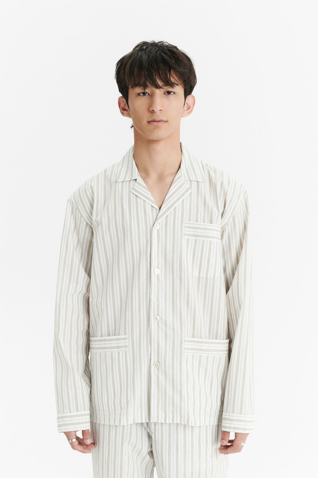 Pyjama House Shirt in a Cream and Beige Striped Excellent Italian Cotton