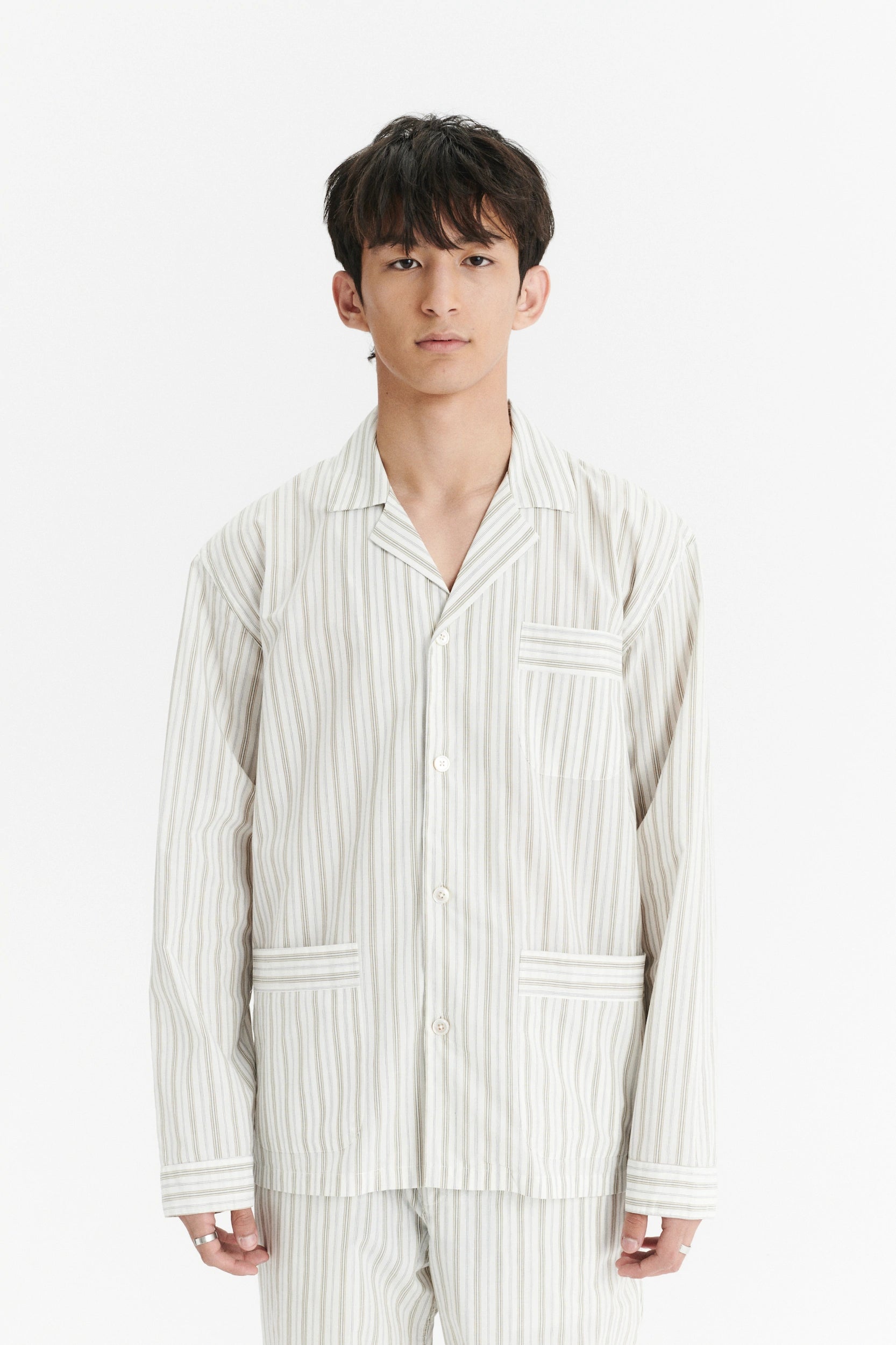 Pyjama House Shirt in a Cream and Beige Striped Excellent Italian Cotton