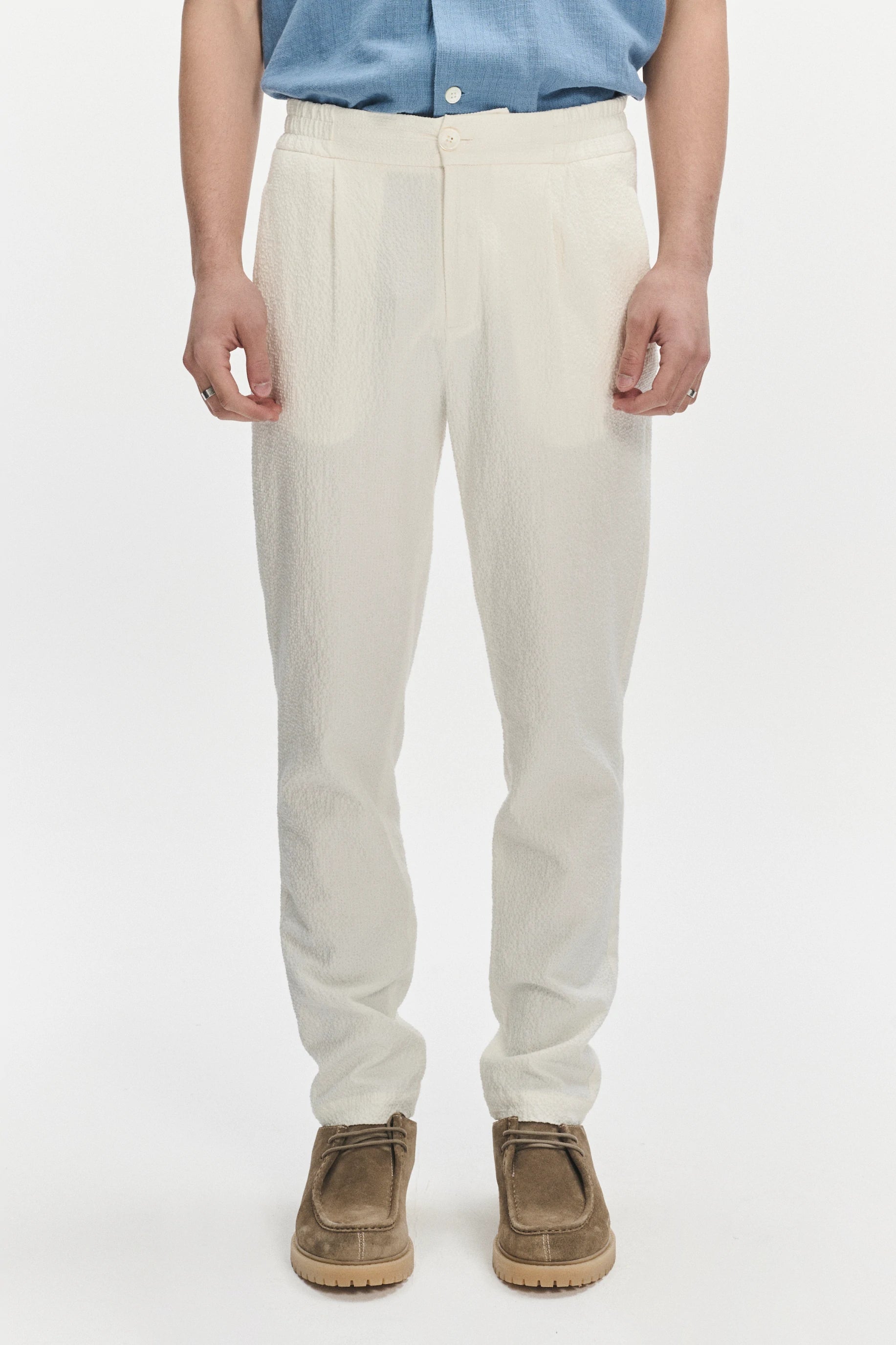 Garden Trousers in a White Italian Cotton and Linen Seersucker by Subalpino