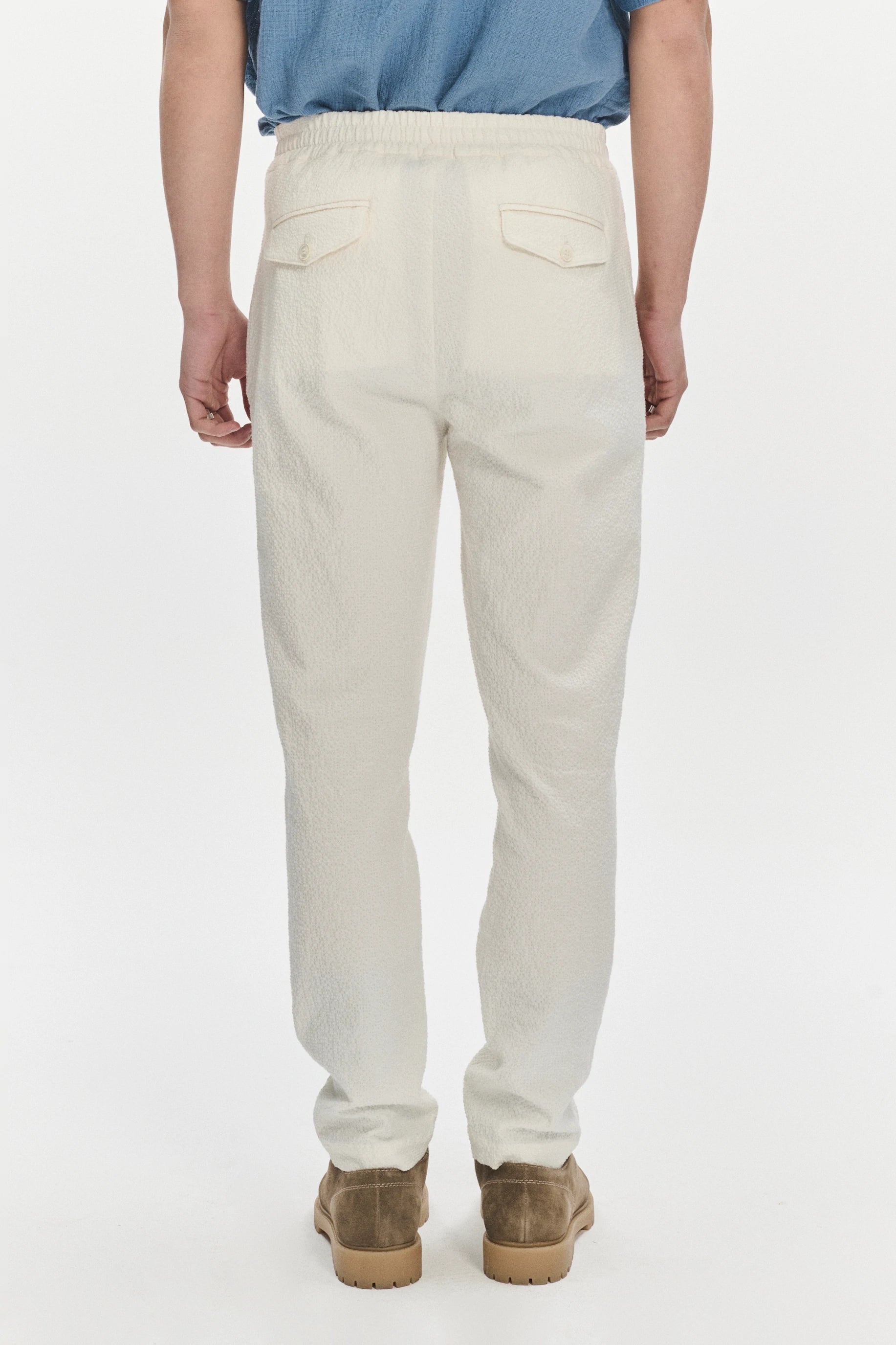 Garden Trousers in a White Italian Cotton and Linen Seersucker by Subalpino