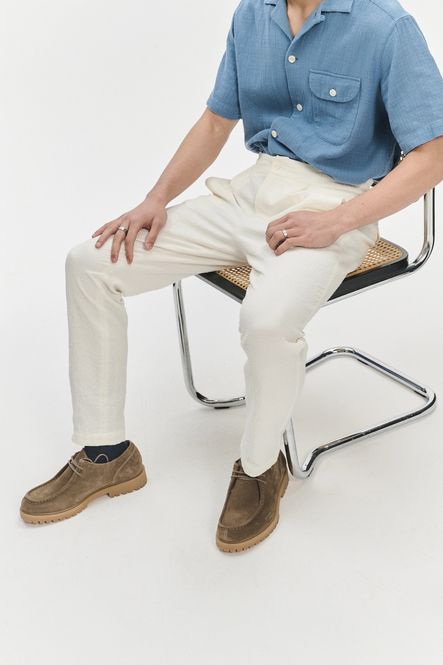 Garden Trousers in a White Italian Cotton and Linen Seersucker by Subalpino