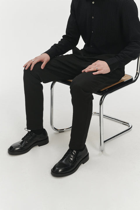 Garden Trousers in a Black Italian Cotton and Linen Seersucker by Subalpino