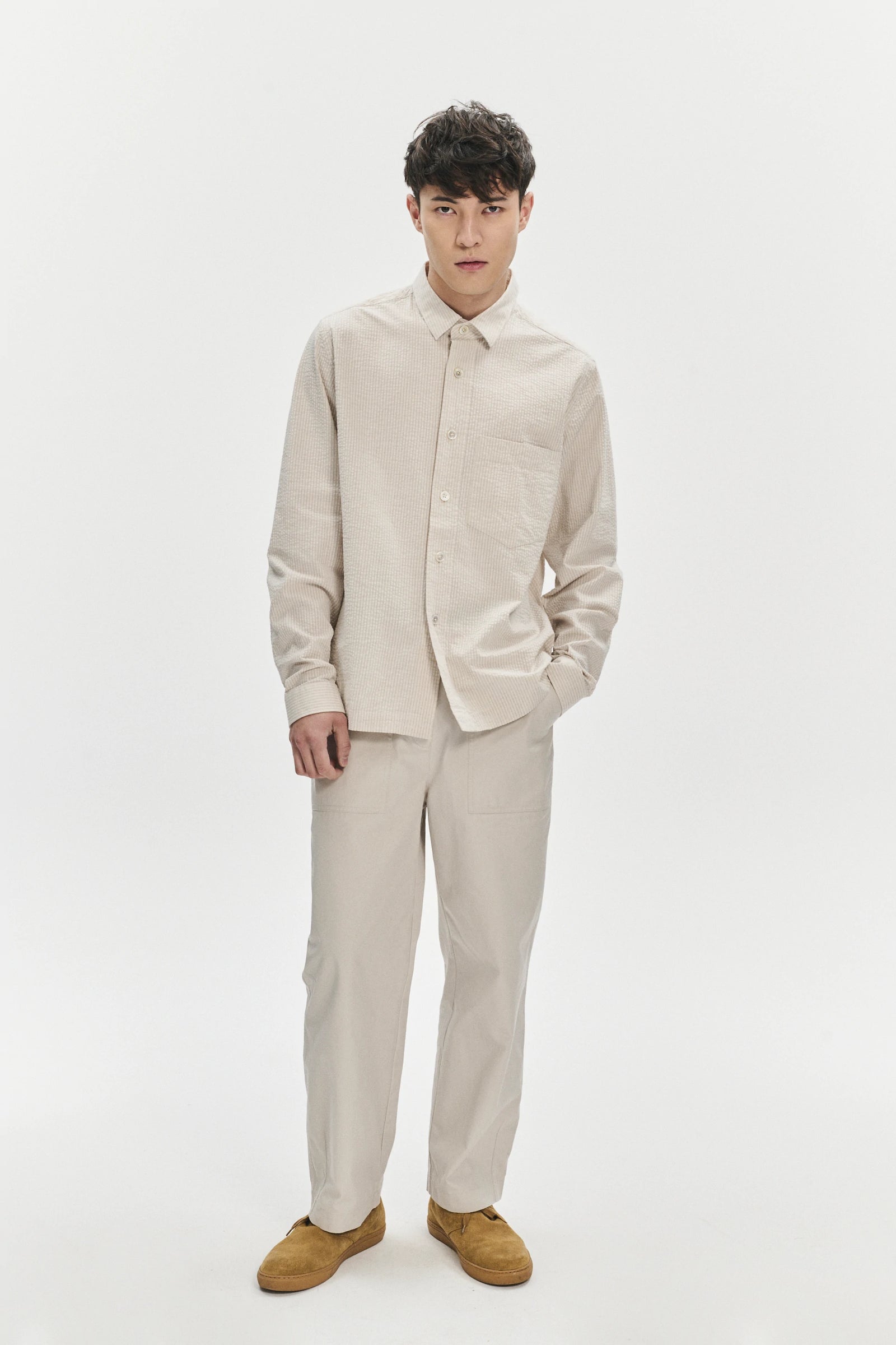 Overshirt in a Fine Beige Portuguese All Year Cotton Seersucker
