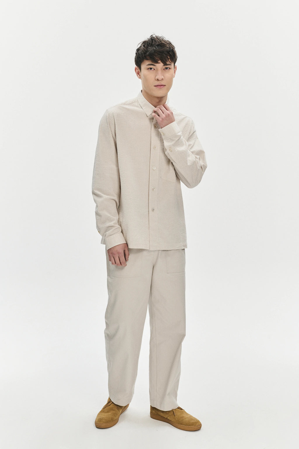 Overshirt in a Fine Beige Portuguese All Year Cotton Seersucker