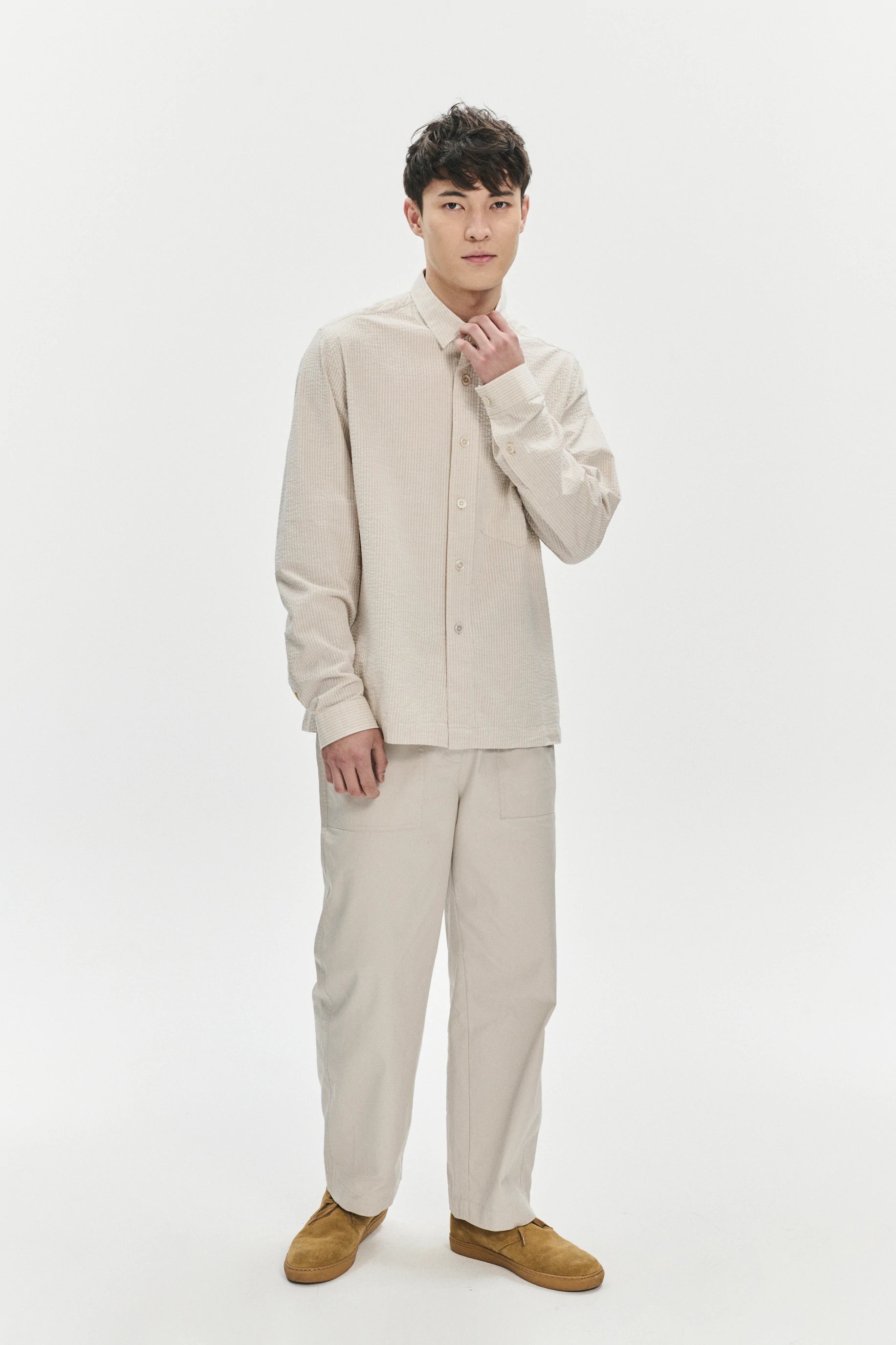 Overshirt in a Fine Beige Portuguese All Year Cotton Seersucker