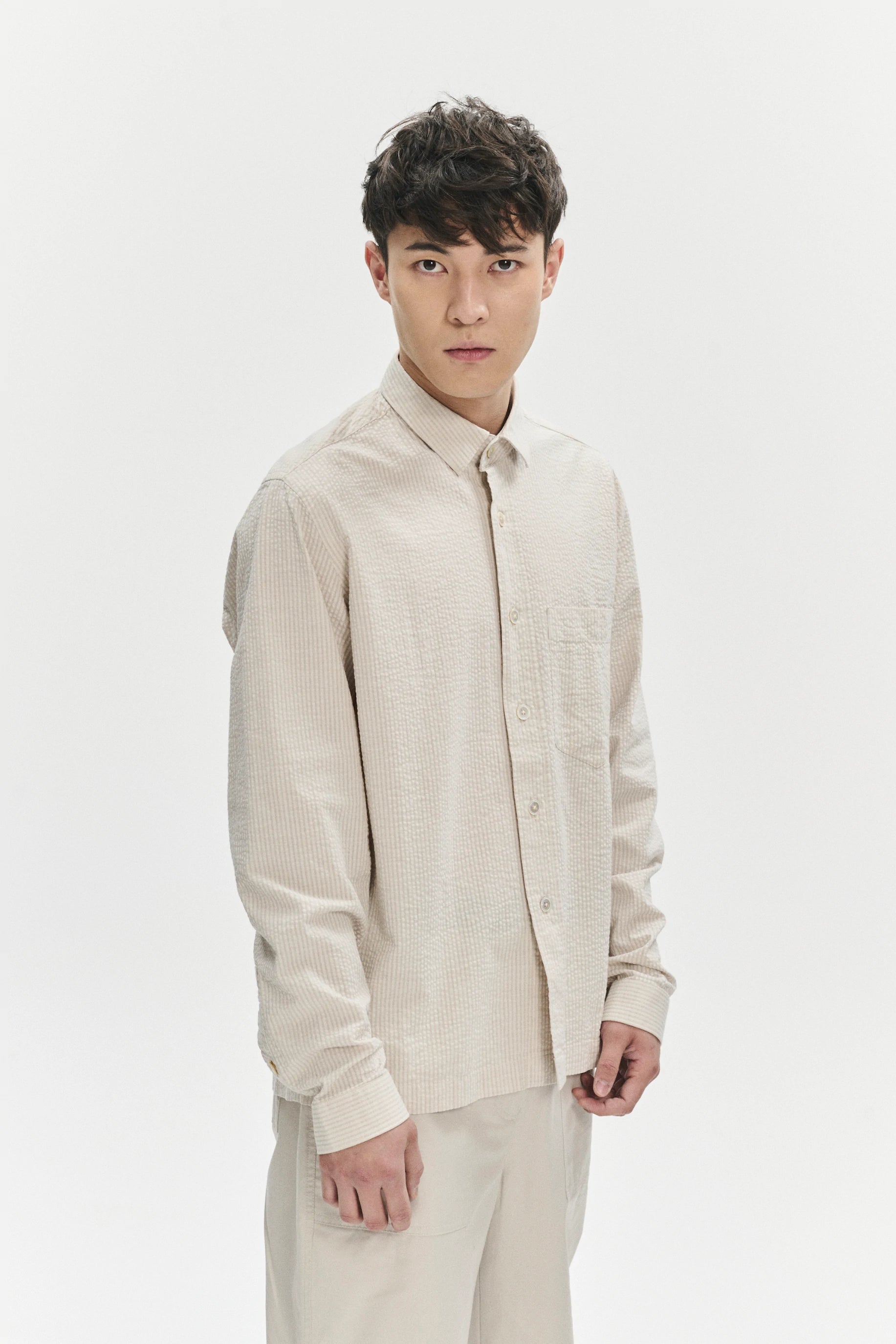 Overshirt in a Fine Beige Portuguese All Year Cotton Seersucker