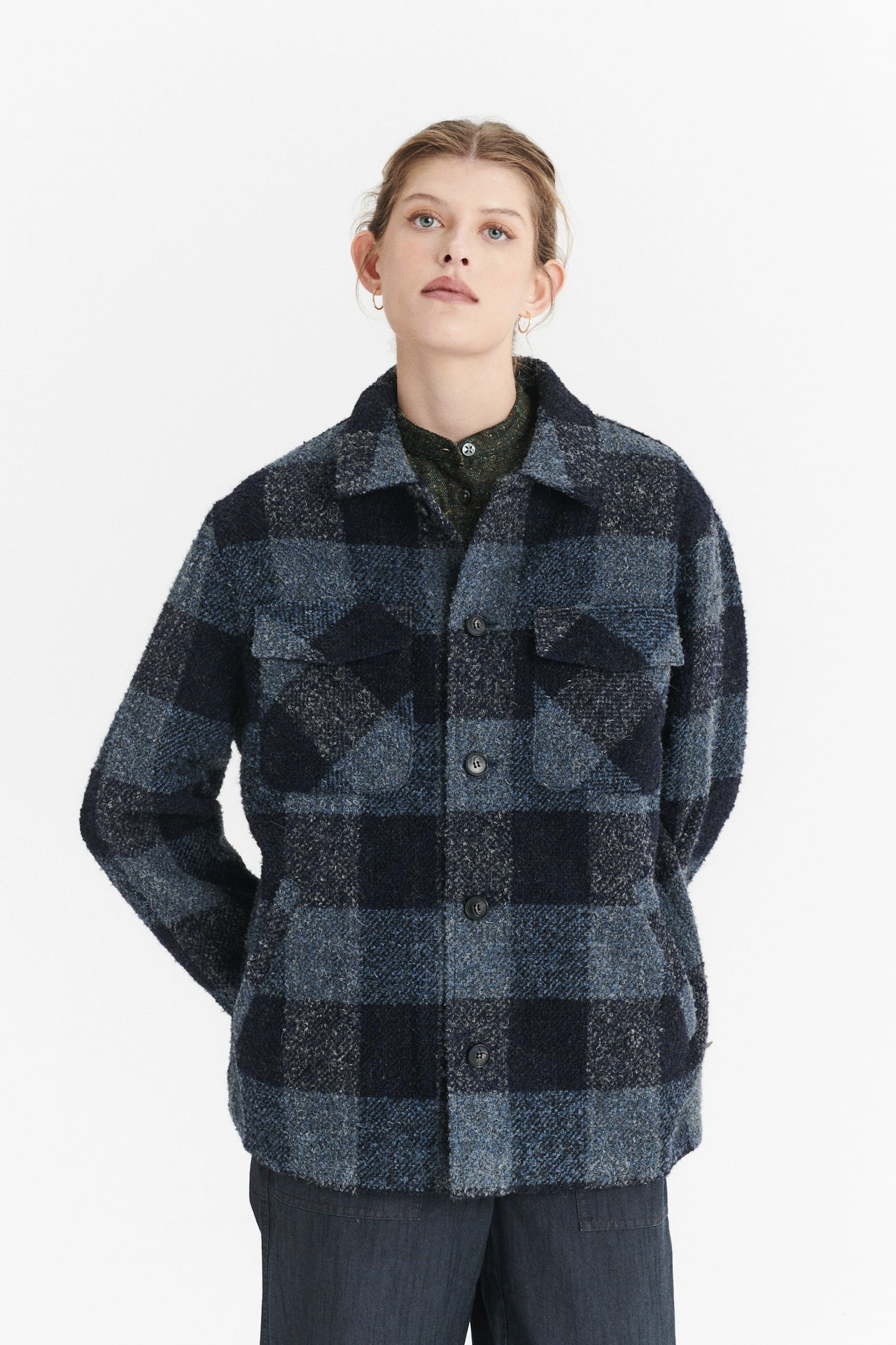 Unisex Winter Jacket in a Tonal Navy and Grey Chequered Italian Virgin and Alpaca Wool with MEIDA Thermo Insulation