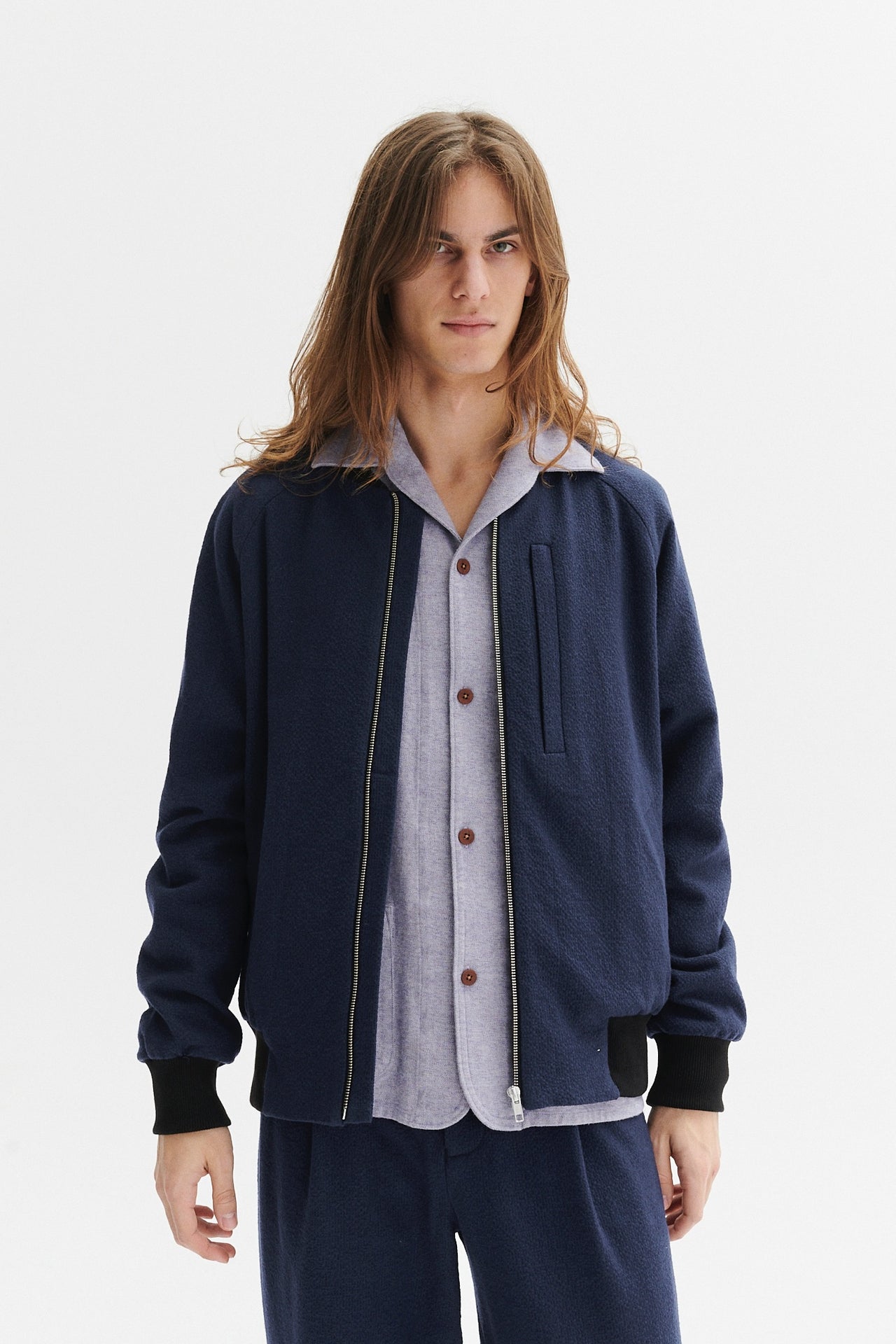 Bomber Jacket in a Navy Blue Wool and Cotton Italian Winter Seersucker