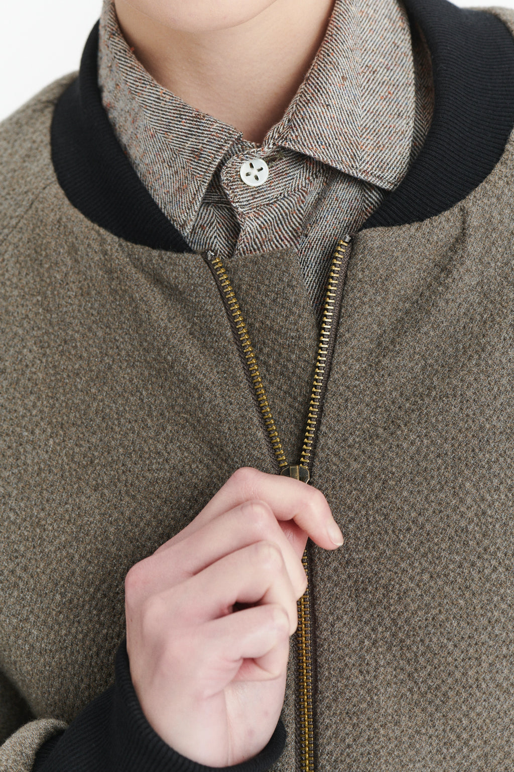 Unisex Bomber Jacket in a Taupe Italian Winter Virgin Wool and Cotton Seersucker
