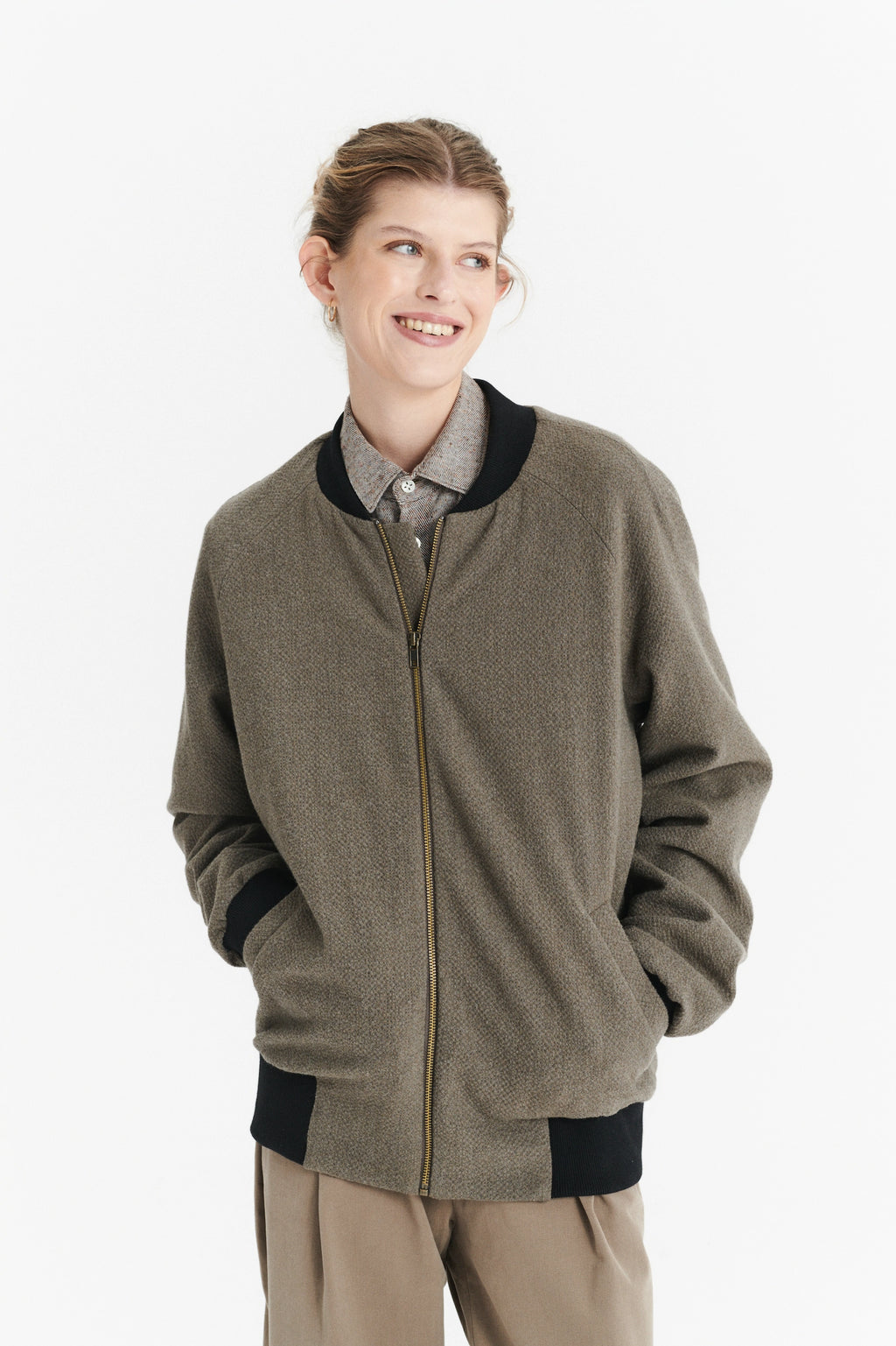 Unisex Bomber Jacket in a Taupe Italian Winter Virgin Wool and Cotton Seersucker